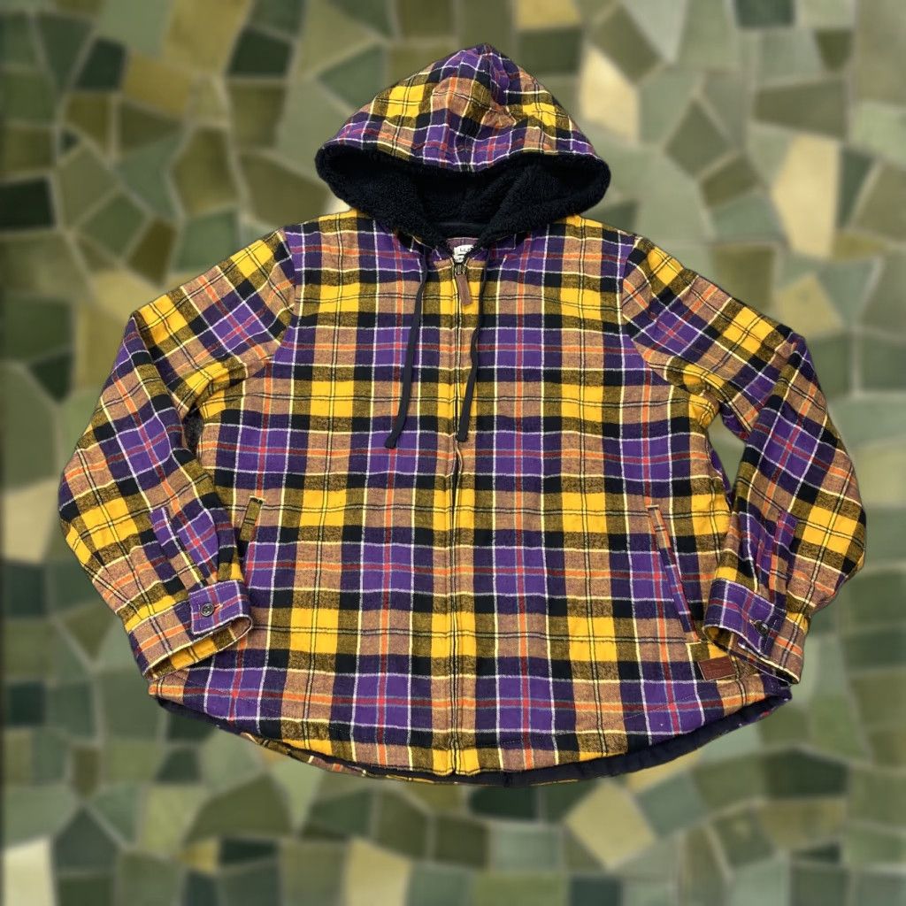 Vintage LL Bean Jacket Womens Medium Petite Yellow Plaid Flannel Hooded Sherpa Lined Size M / US 6-8 / IT 42-44 - 1 Thumbnail