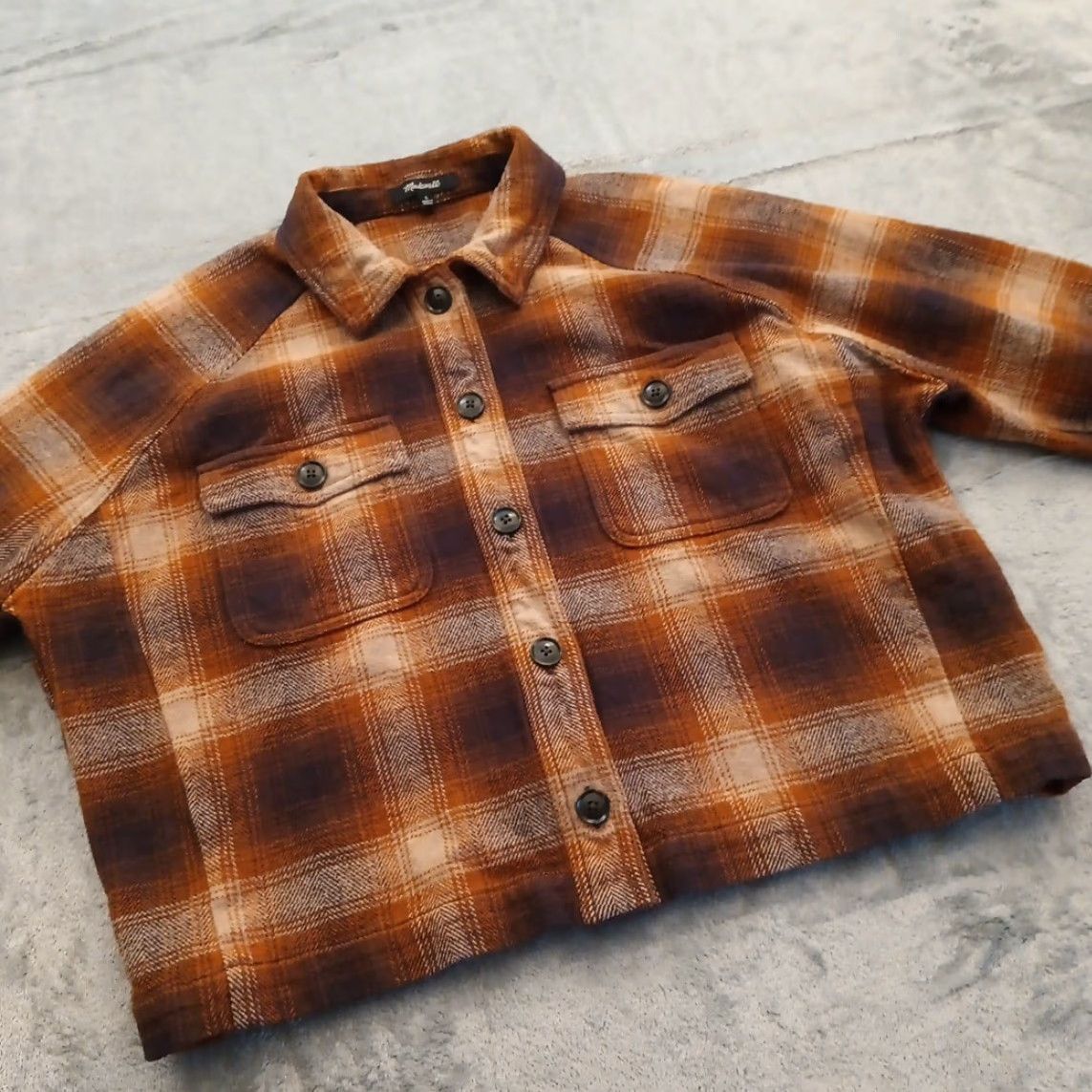 Madewell Madewell Jacket Womens Large Brown Plaid Cropped Long Sleeve Button Up Pockets Size L / US 10 / IT 46 - 4 Thumbnail