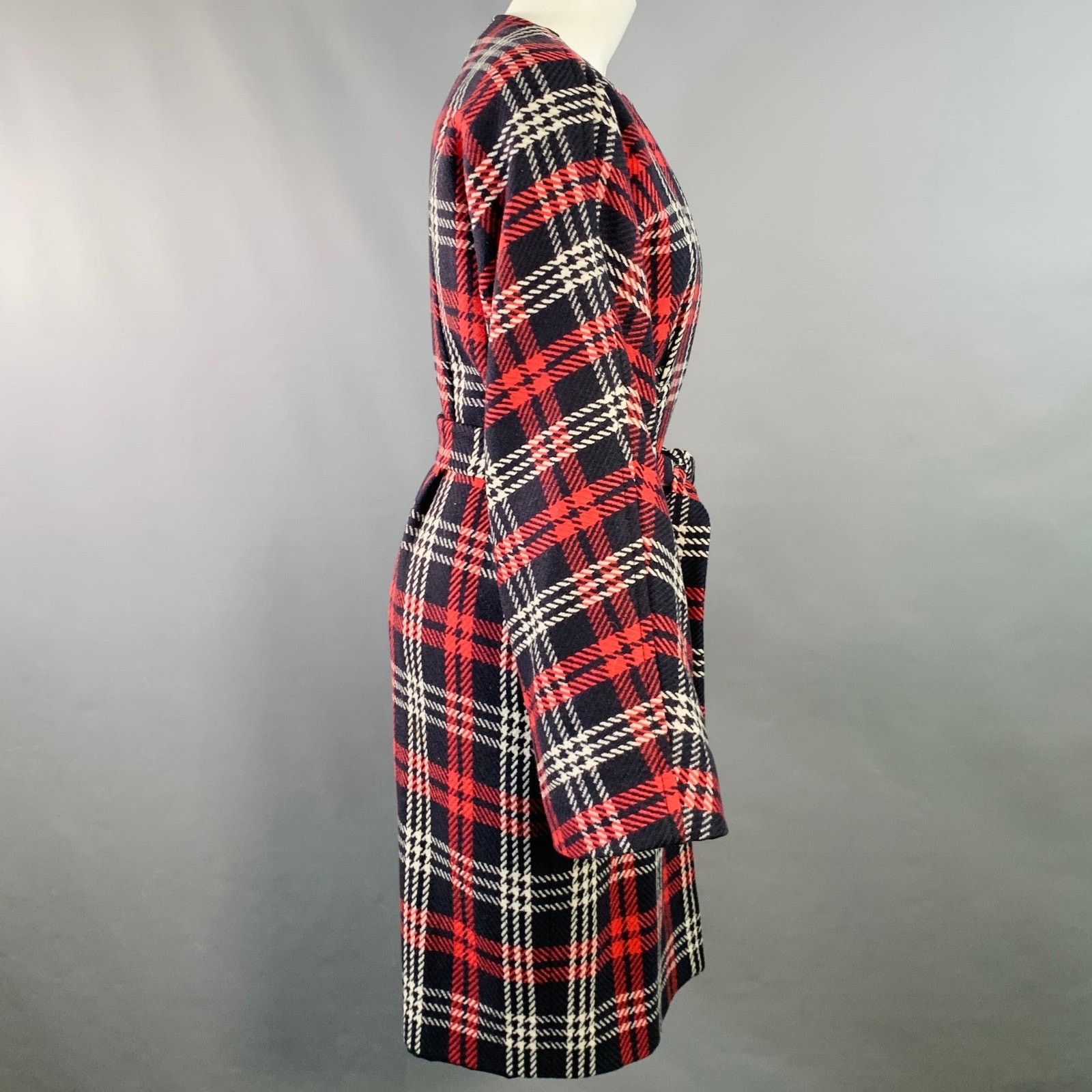 Les Copains Size S Black Red White Wool Plaid Collarless Belted Coat Size S / US 4 / IT 40 - 2 Thumbnail
