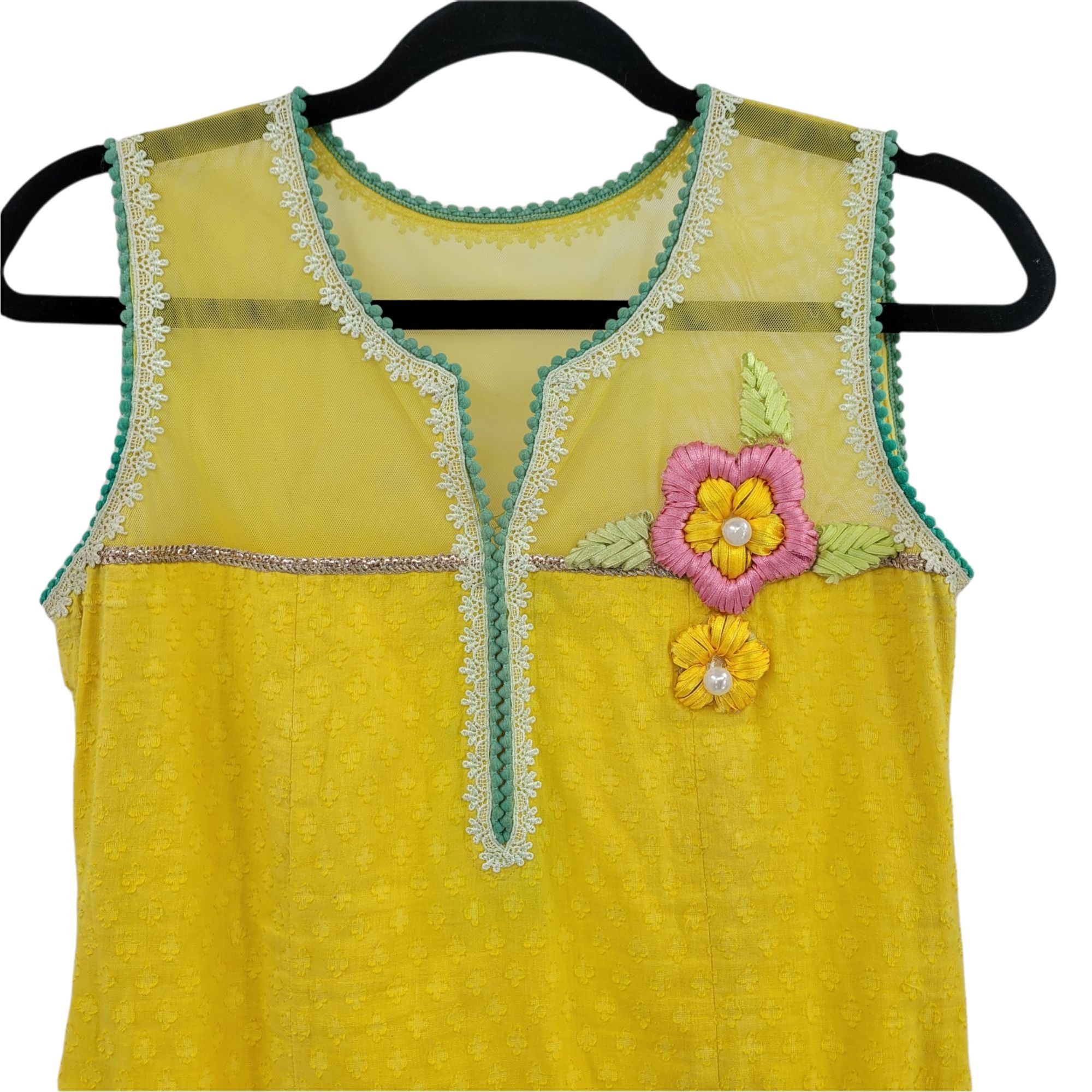 Handmade Handmade 70s Mini Swing Dress Sz S Yellow Swiss Dot Pom Pom Size S / US 4 / IT 40 - 6 Thumbnail