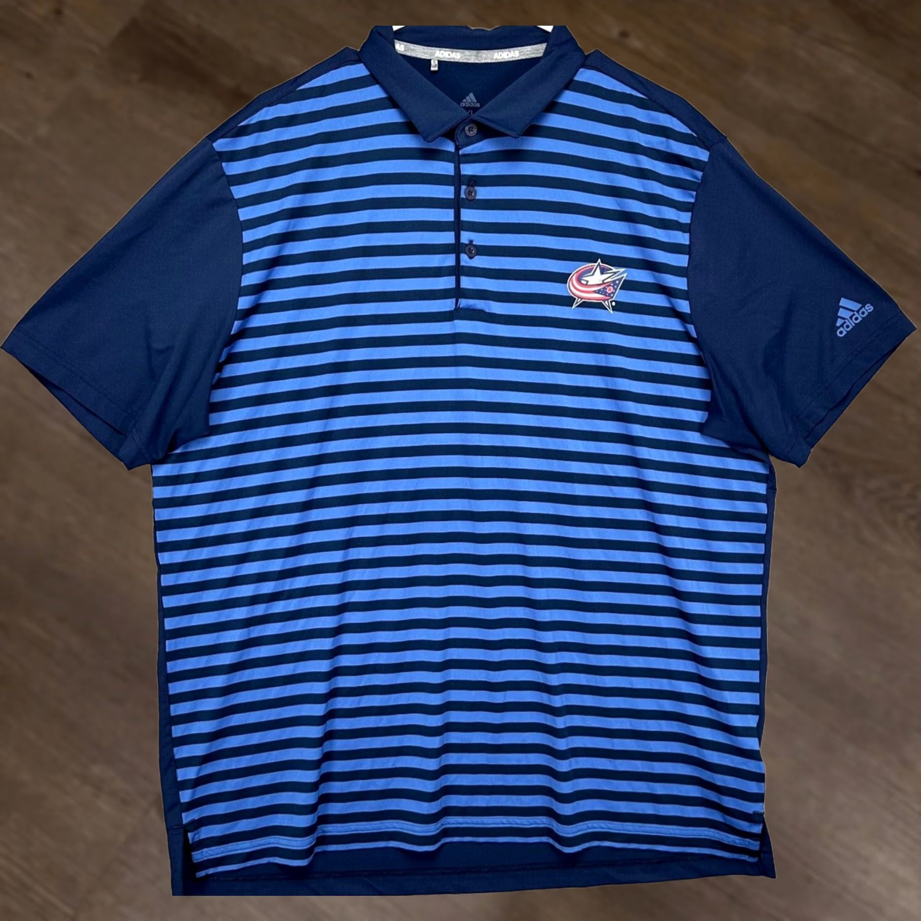 Adidas Adidas Columbus Blue Jackets Polo Shirt Adult XL Blue Stripes Short Sleeve Rugby Mens Size US XL / EU 56 / 4 - 1 Thumbnail