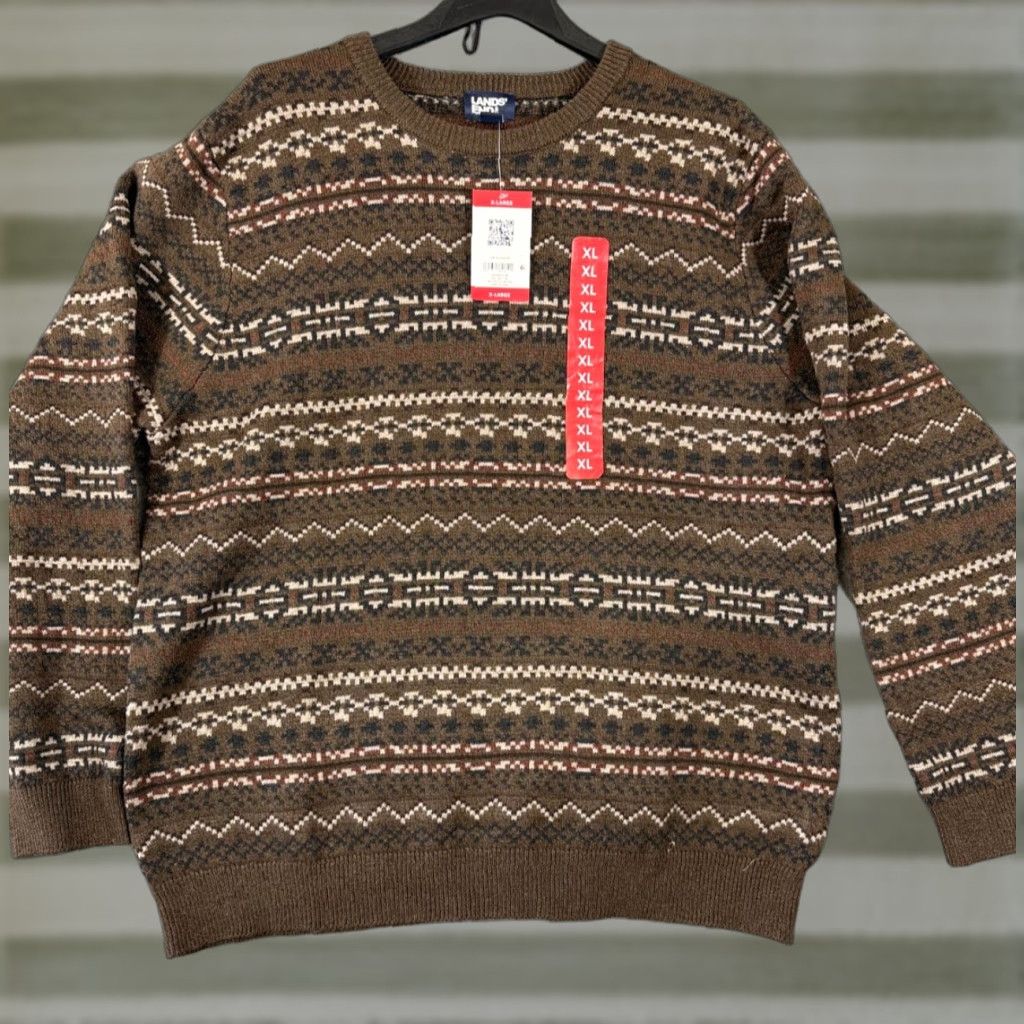 Lands' End Lands' End Sweater Mens XL Brown Fair Isle Long Sleeve Pullover Crew Neck NWT Size US XL / EU 56 / 4 - 1 Thumbnail