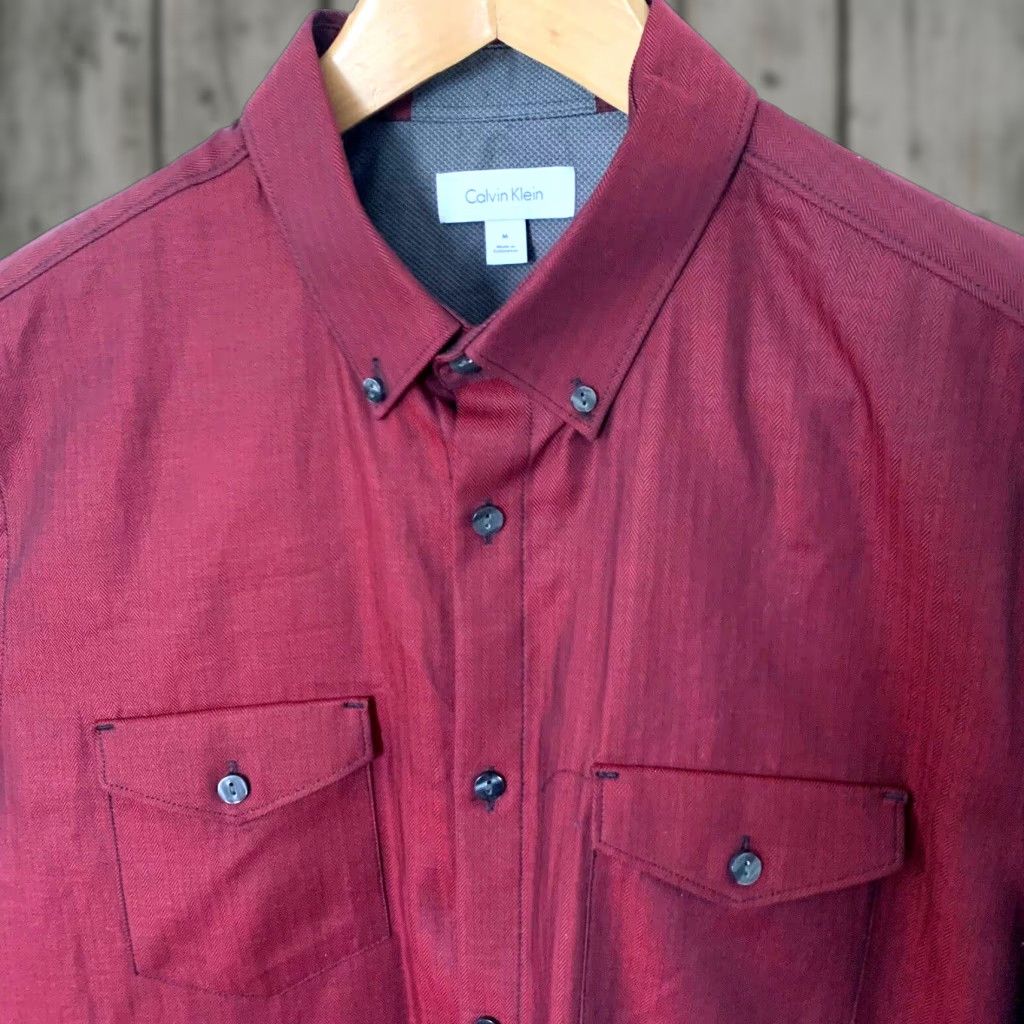 Calvin Klein Calvin Klein Shirt Mens M Red Herringbone Long Sleeve Button Down Pockets Size US M / EU 48-50 / 2 - 1 Thumbnail