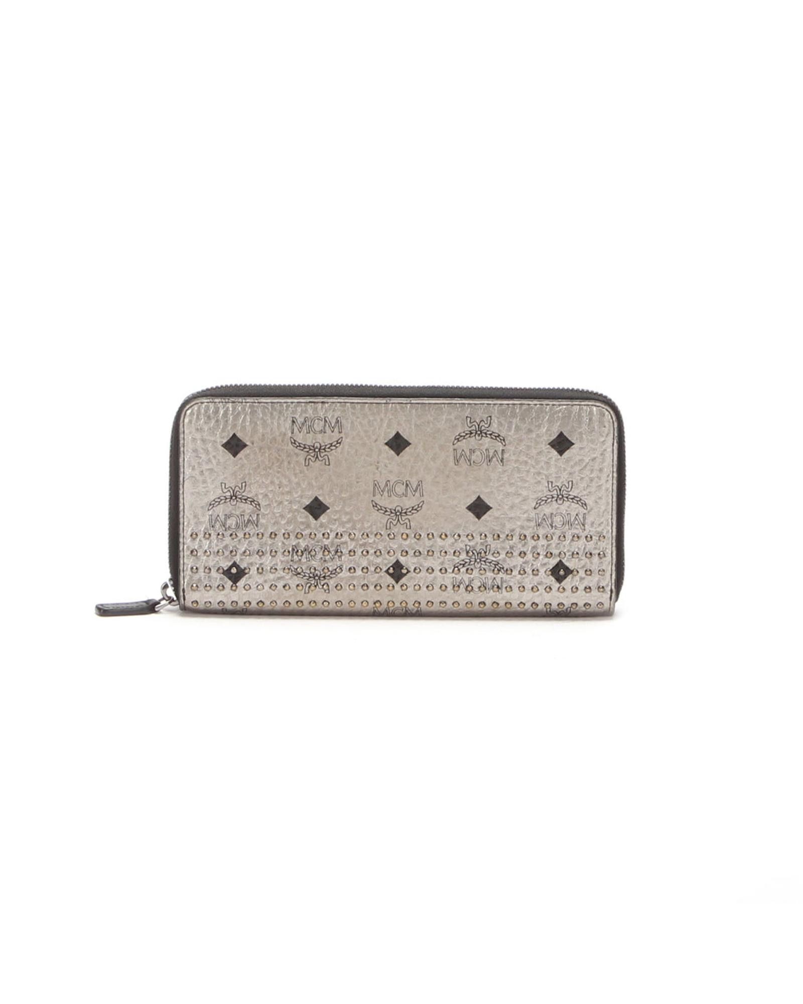 image of MCM Studded Leather Zip Around Wallet In Silver, Women's