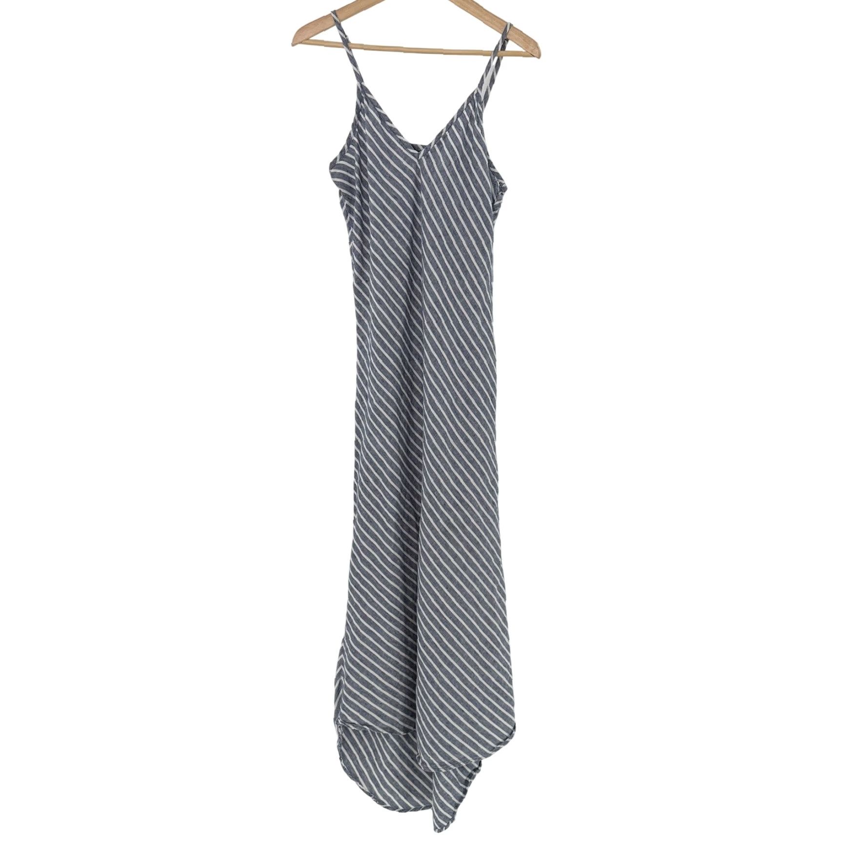 Vintage Artisan Striped Maxi Dress Gray White Linen Asymmetric Hem Size 12 Sleeveless V-Neck Strappy Sleeve Pullover Casual Beach Summer Spring 12 Womens Size XL / US 12-14 / IT 48-50 - 2 Thumbnail