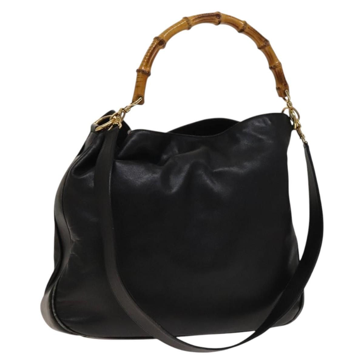 GUCCI Bamboo Shoulder Bag Leather Black Gold 001 001