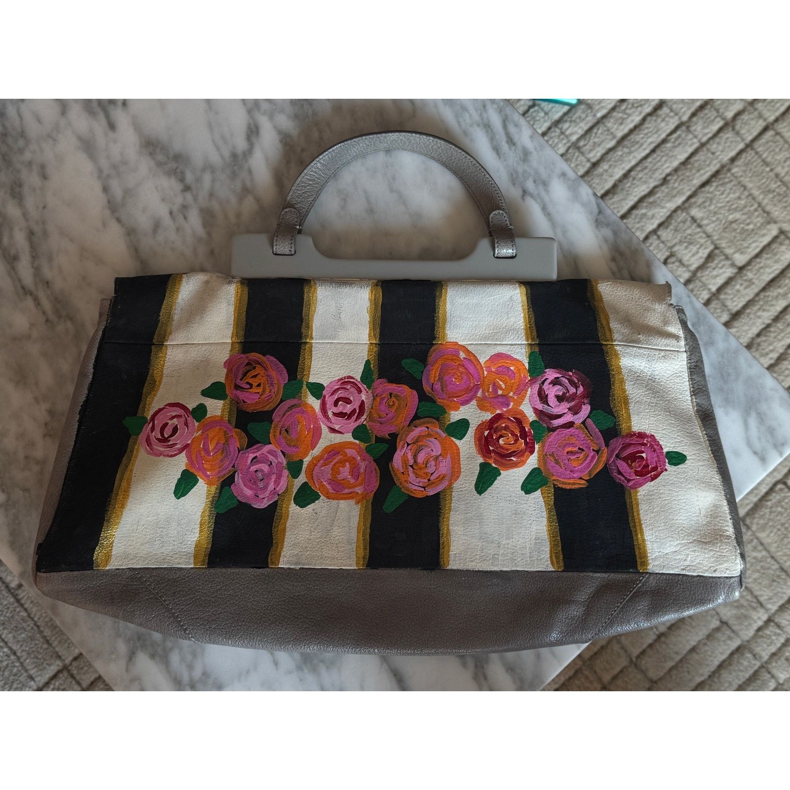 Marni Marni Hand-Painted Floral Stripe Grey Leather Bag Size ONE SIZE - 2 Thumbnail