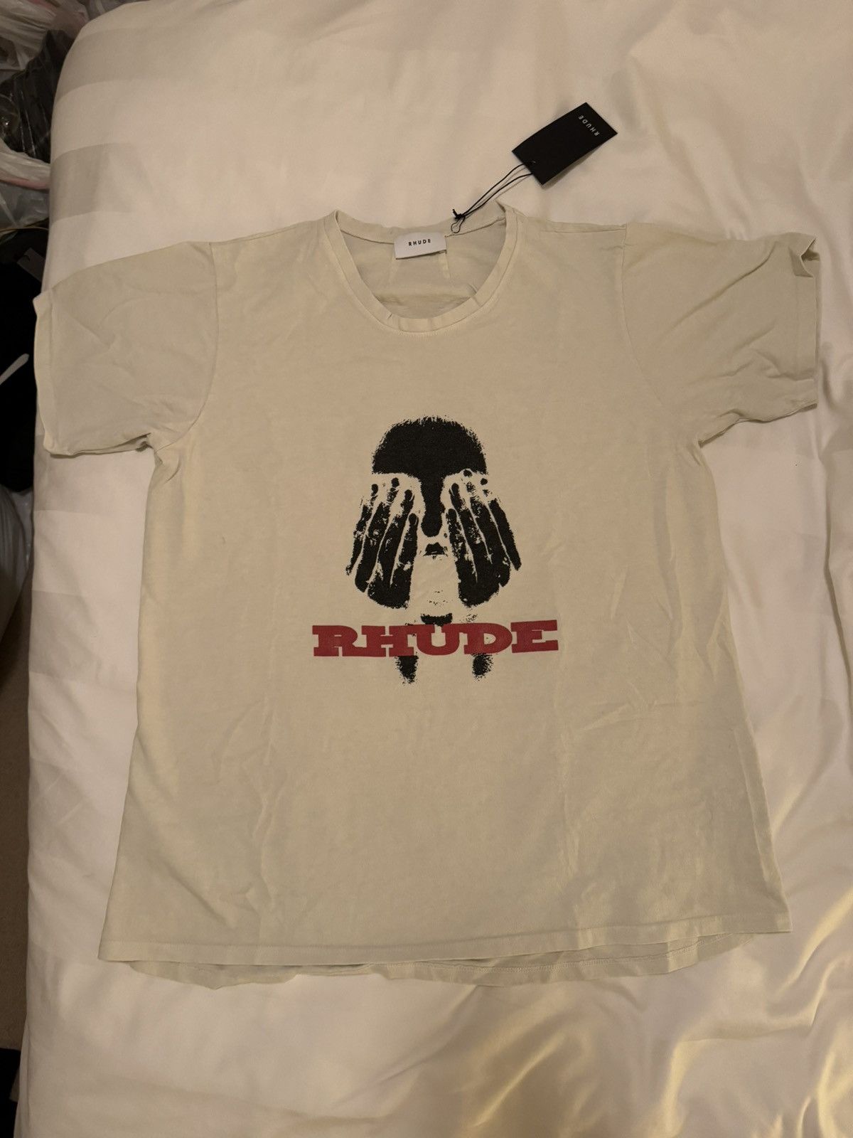 image of Rhude Hands On The Face Tee in White, Men's (Size Small)