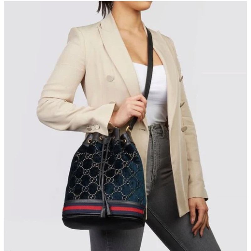 Gucci Gucci OPHIDIA blue velvet bucket bag with leather trim Size ONE SIZE - 2 Thumbnail