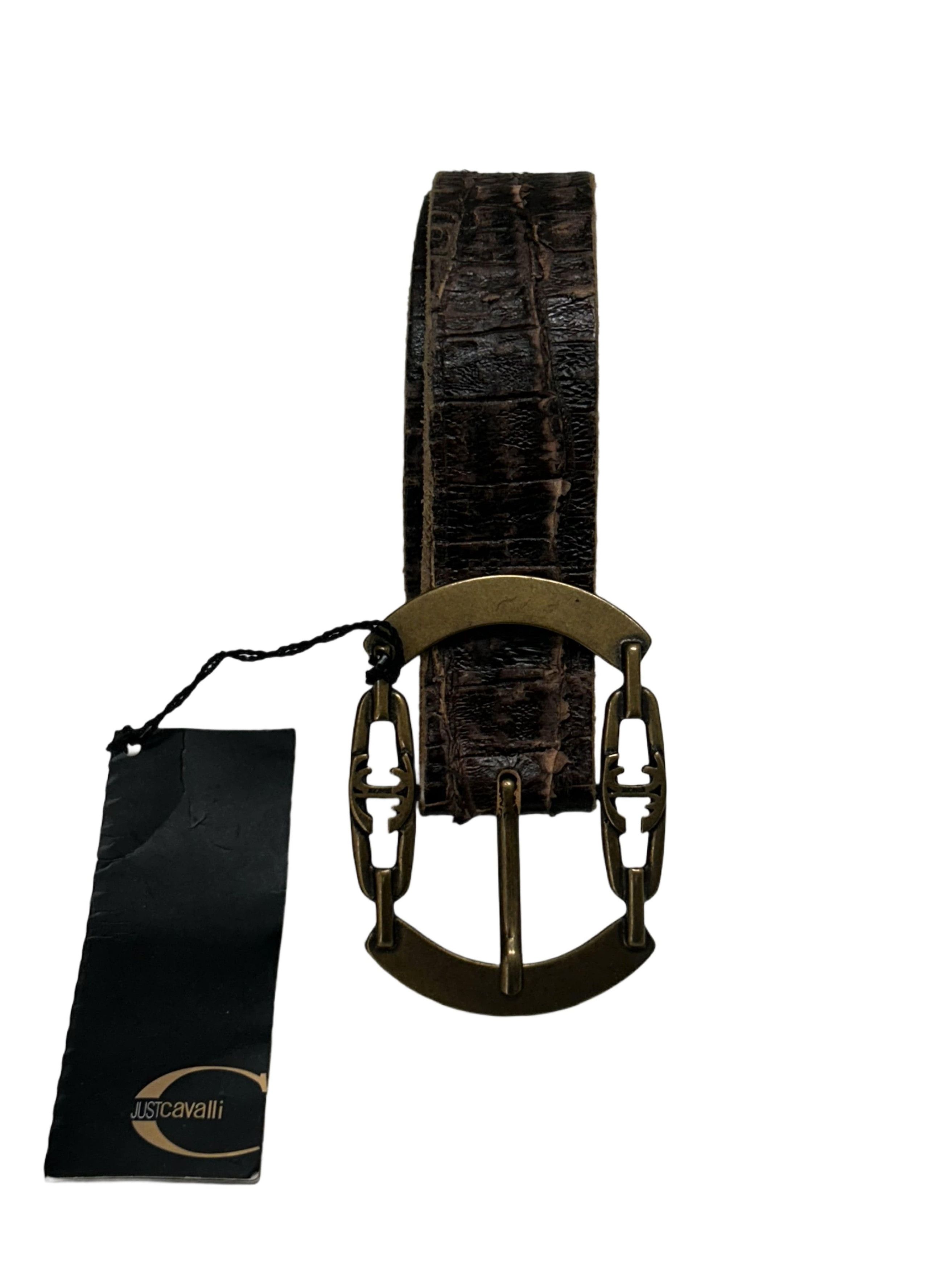 Just Cavalli Just Cavalli Brown Leather Faux Reptile Skin val Buckle Belt Size 34 - 1 Thumbnail