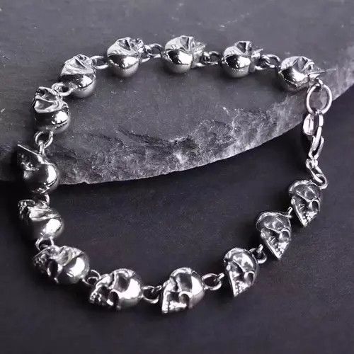 Handmade × Jewelry Skull Head Bracelet Chain Gothic Chrome Pagan Punk Grunge Size ONE SIZE - 4 Thumbnail