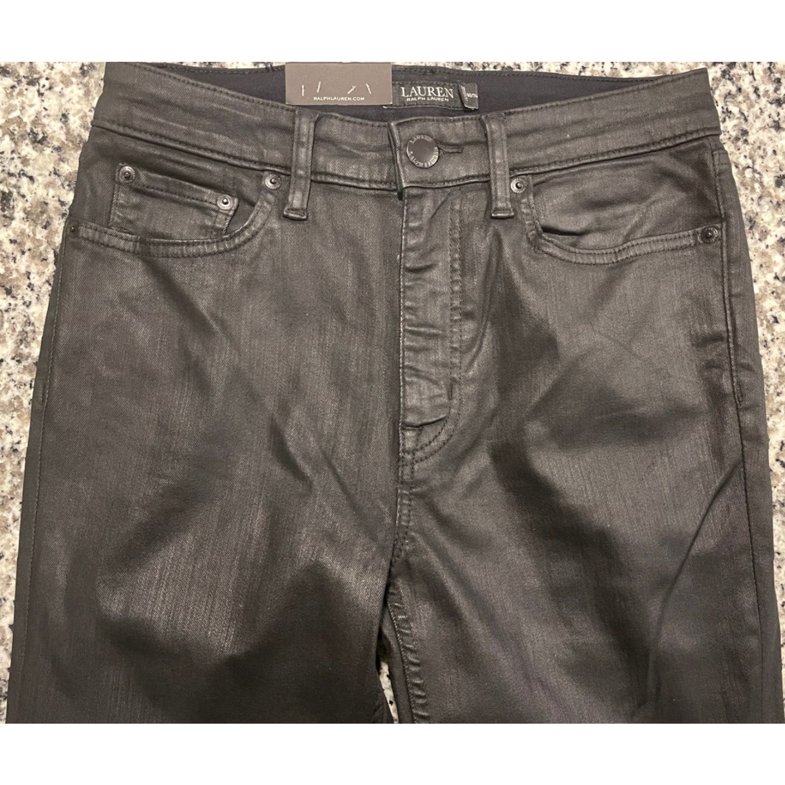 Ralph Lauren Denim Jeans Coated High Rise Ankle Straight Women Size 6 Black Dark Logo 90s