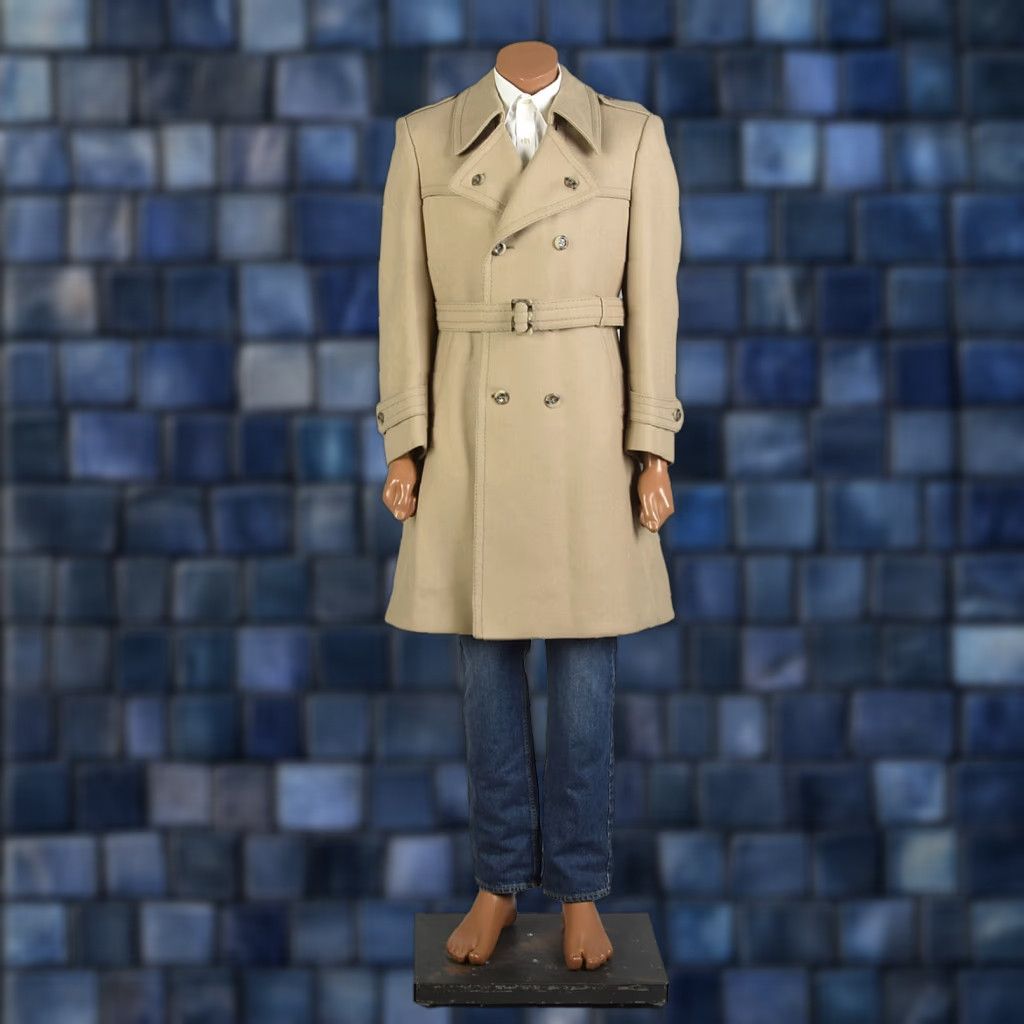 VINTAGE 1990s Beige Wool Trench Coat Heavy Tweed Belted Double