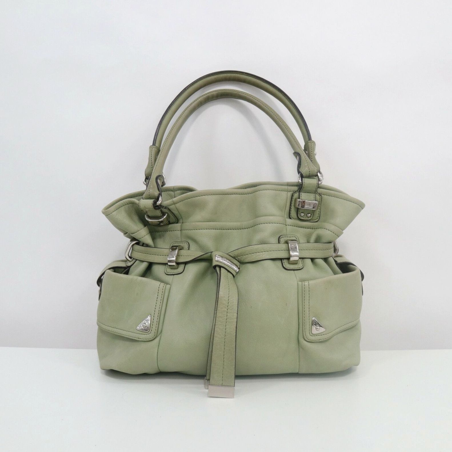 image of B. Makowsky Satchel Shoulder Bag Leather Large Belted Carryall Olive Light Green in White, Women's