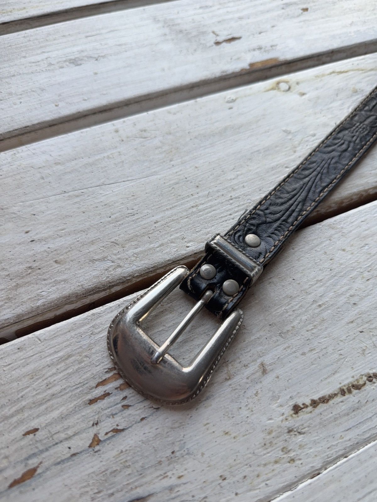 Designer × Japanese Brand × Vintage Vintage Western Black Leather Belt Design Silver Buckle Size ONE SIZE - 4 Thumbnail
