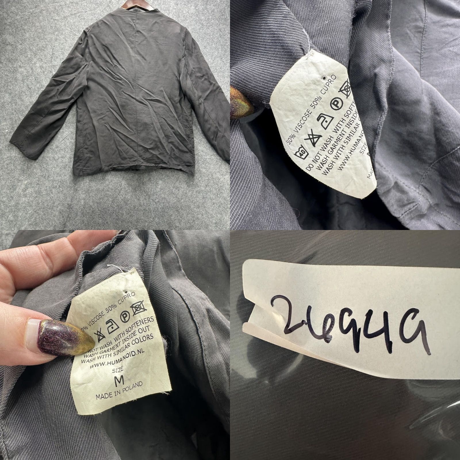 Vintage HUMANOID Blazer Jacket Womens M Gray Twill Viscose Cupro Draped Collar, Short, Single-Breasted, Pockets, Basic Jacket Size M / US 6-8 / IT 42-44 - 10 Thumbnail