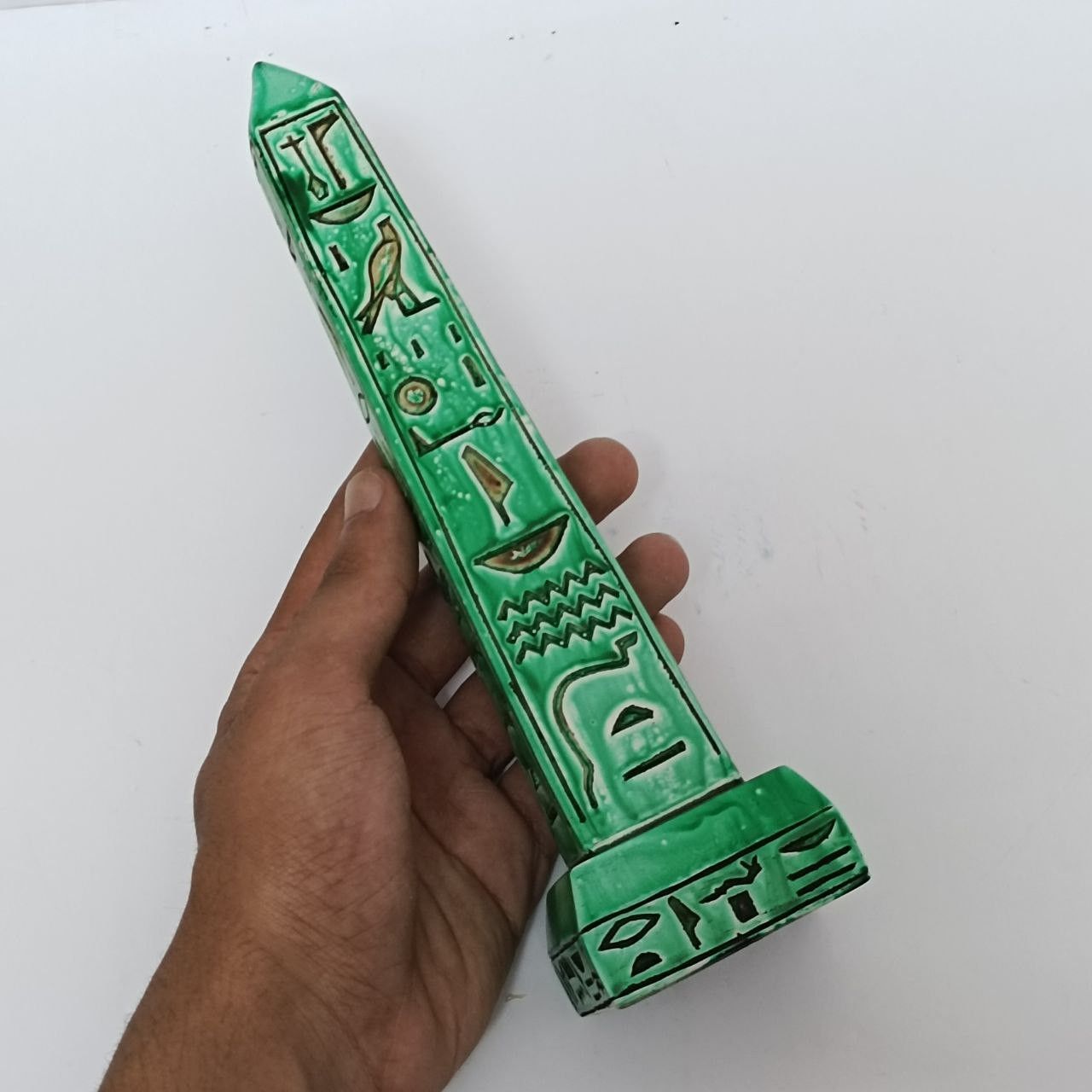 Handmade Green Egyptian obelisk with hieroglyphs pharaonic art piece. Size ONE SIZE - 1 Thumbnail