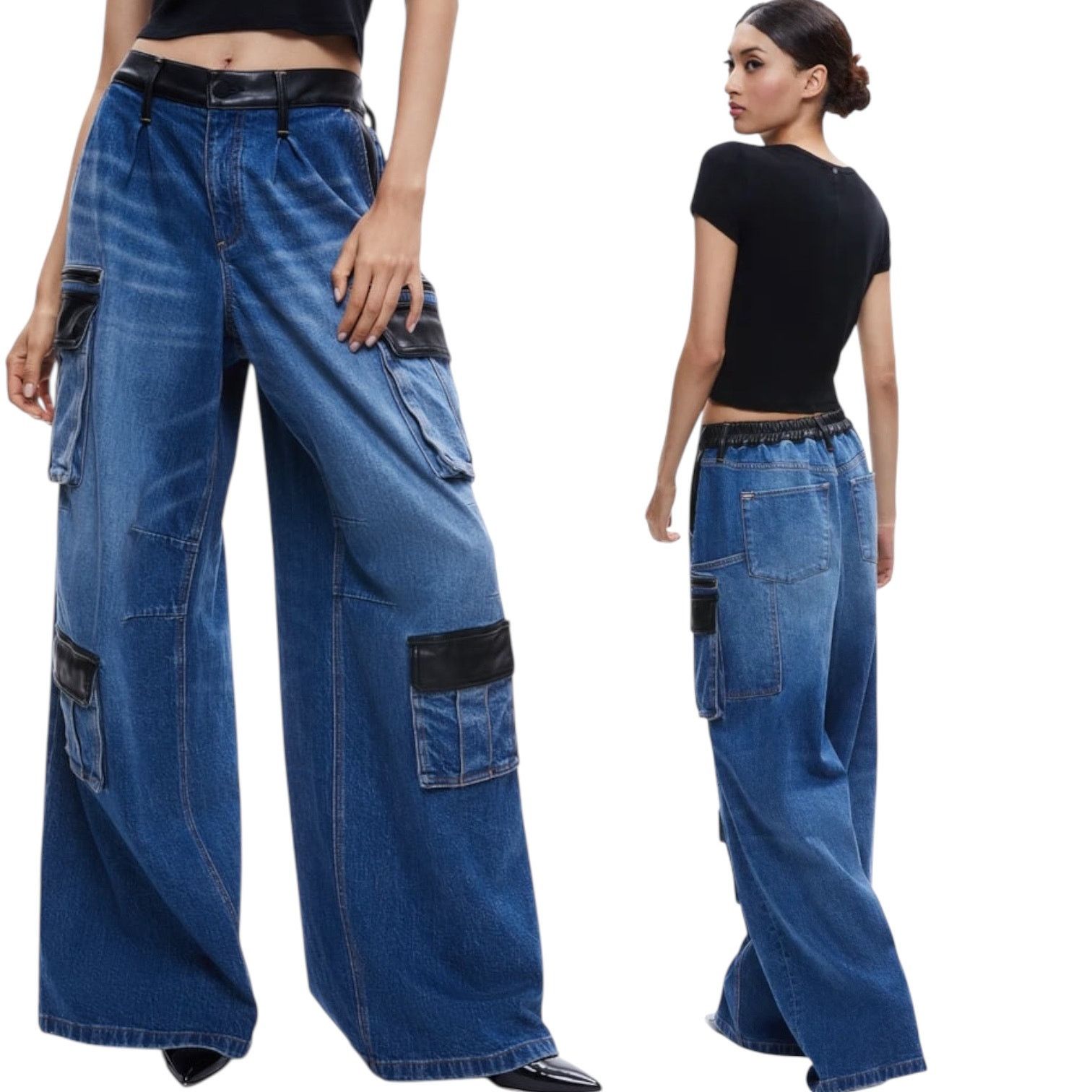 Alice + Olivia Joette Wide Leg Combination Cargo Jeans Blue