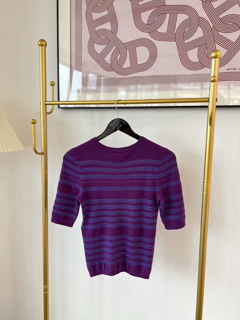Chanel Chanel 23B purple striped shiny cashmere round-neck short- Size XS / US 0-2 / IT 36-38 - 2 Thumbnail
