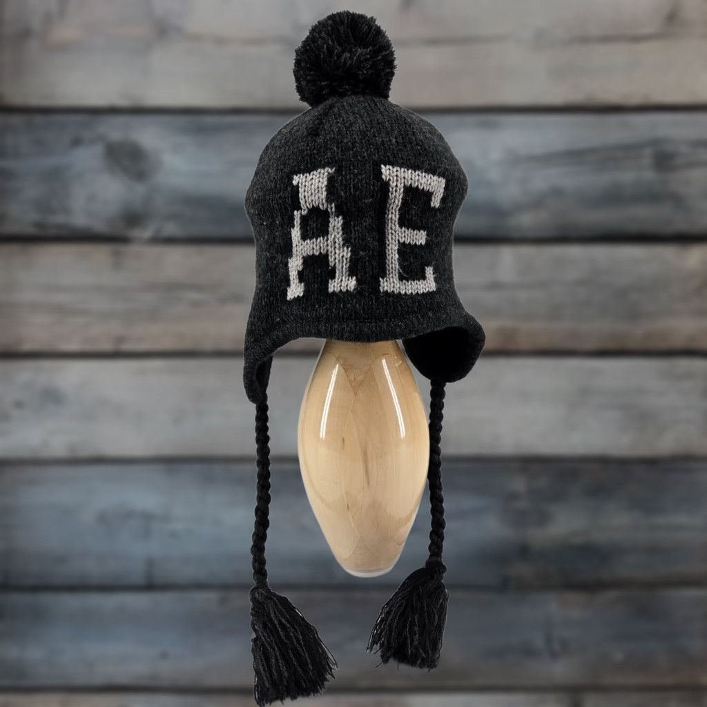 American Eagle Outfitters Y2K American Eagle AE Knit Beanie Hat Pom Pom Tassels Trapper Style Black Gray Unisex Adults One Size Beanie Winter Fall Logo Embroidered Tassled Size ONE SIZE - 1 Thumbnail