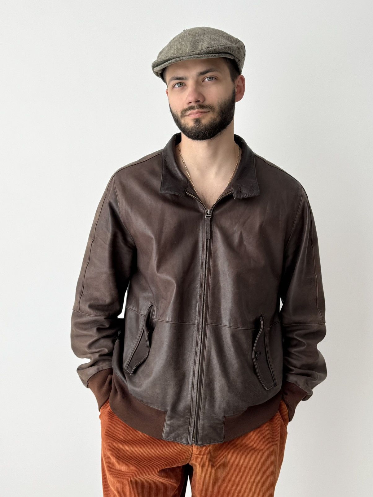 Faconnable Lambskin Leather Brown Bomber Jacket