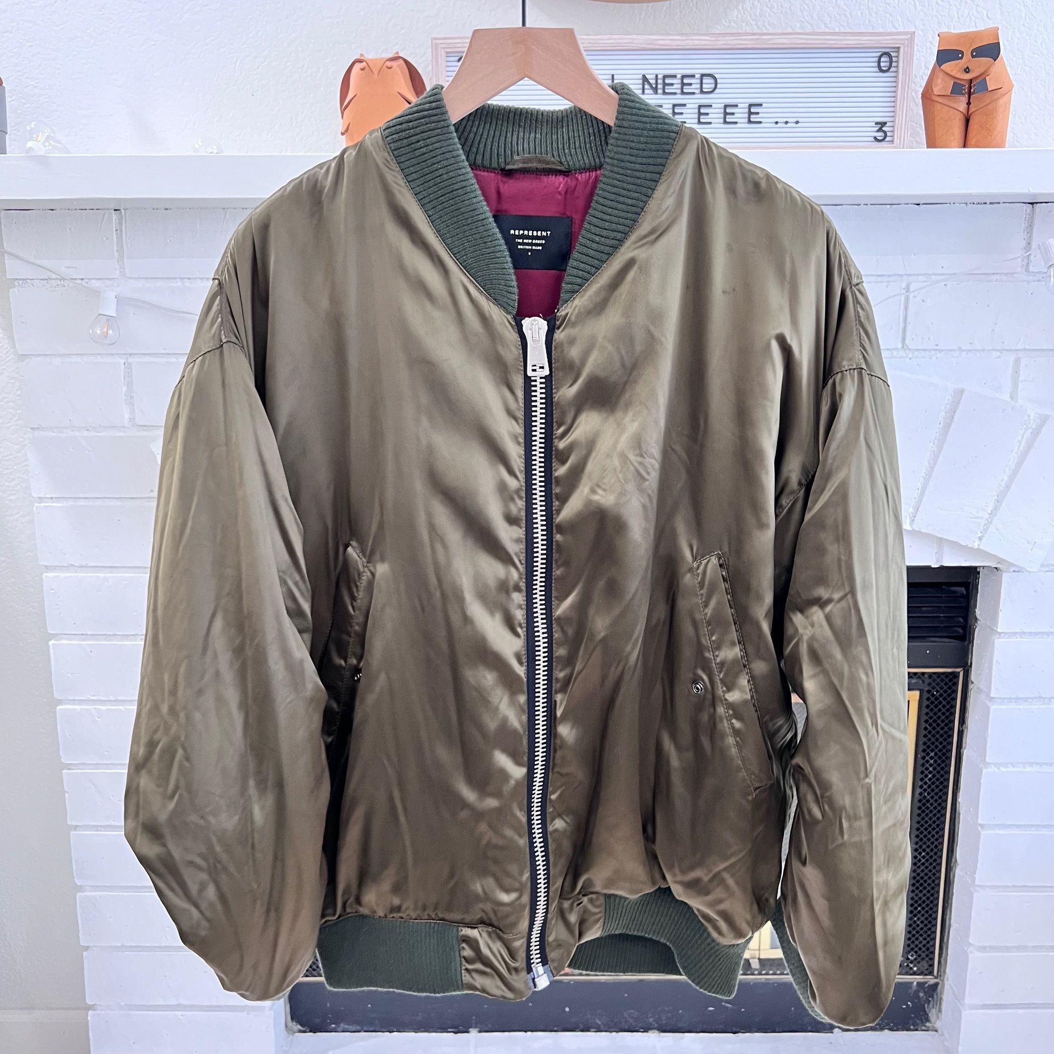 Represent Puffy Satin Olive Bomber Jacket