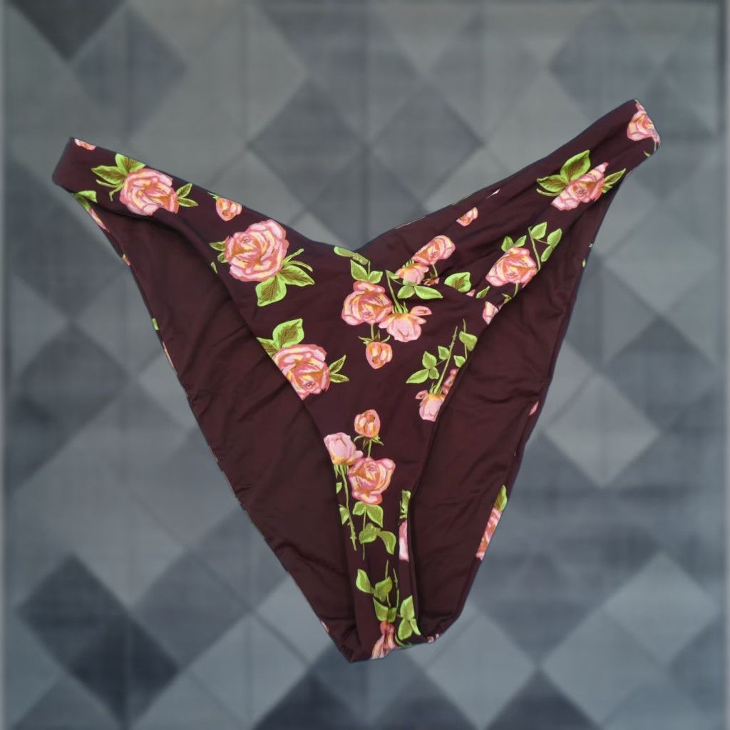 Dippin Daisys Medium Brown Floral Deep Cut V High Waist Brazilian Bikini Bottom, Women's (Size 32)