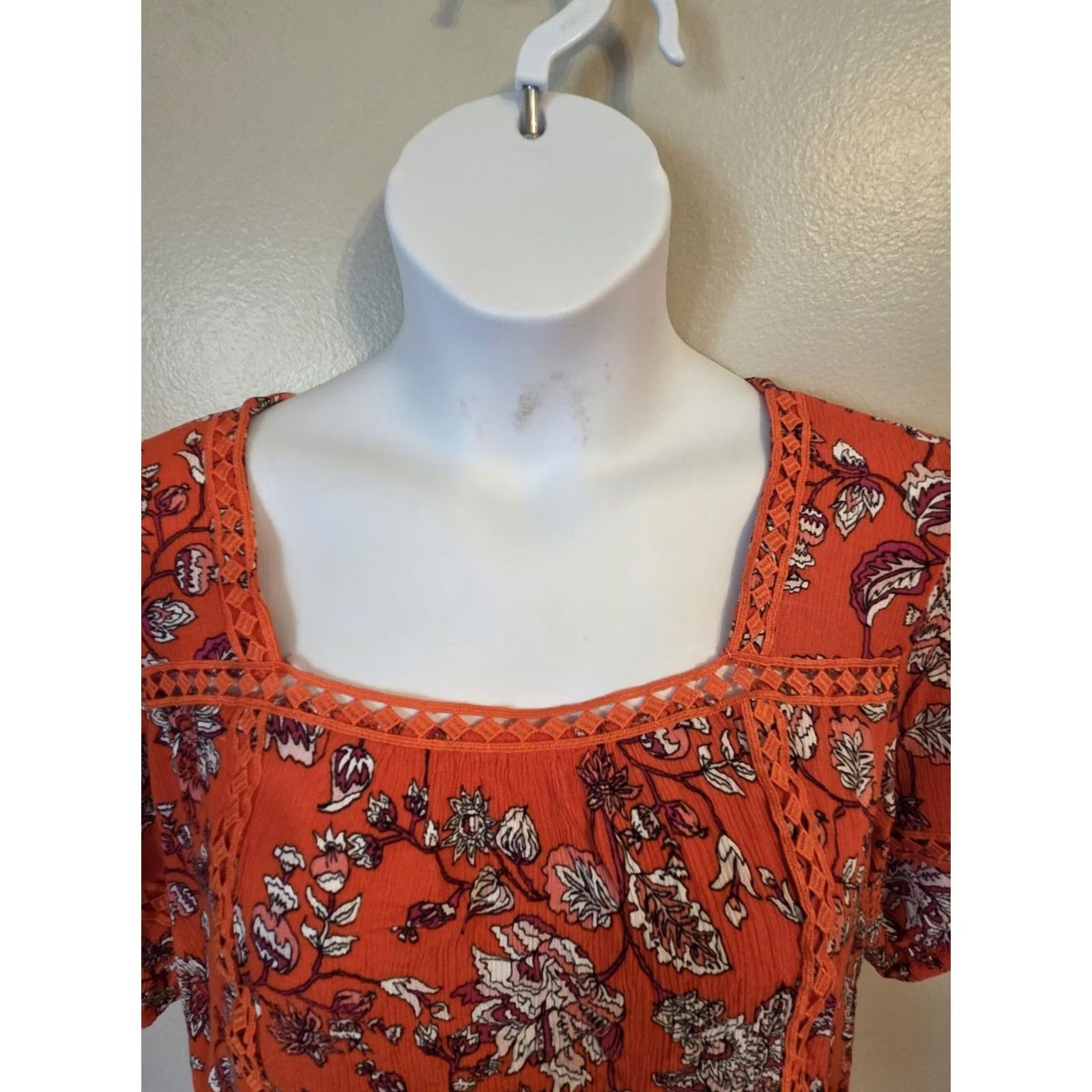 Vintage Adrienne Vittadini Orange Floral Crinkle Lace Trim Top Hippie Boho XL Womens Size XL / US 12-14 / IT 48-50 - 2 Thumbnail