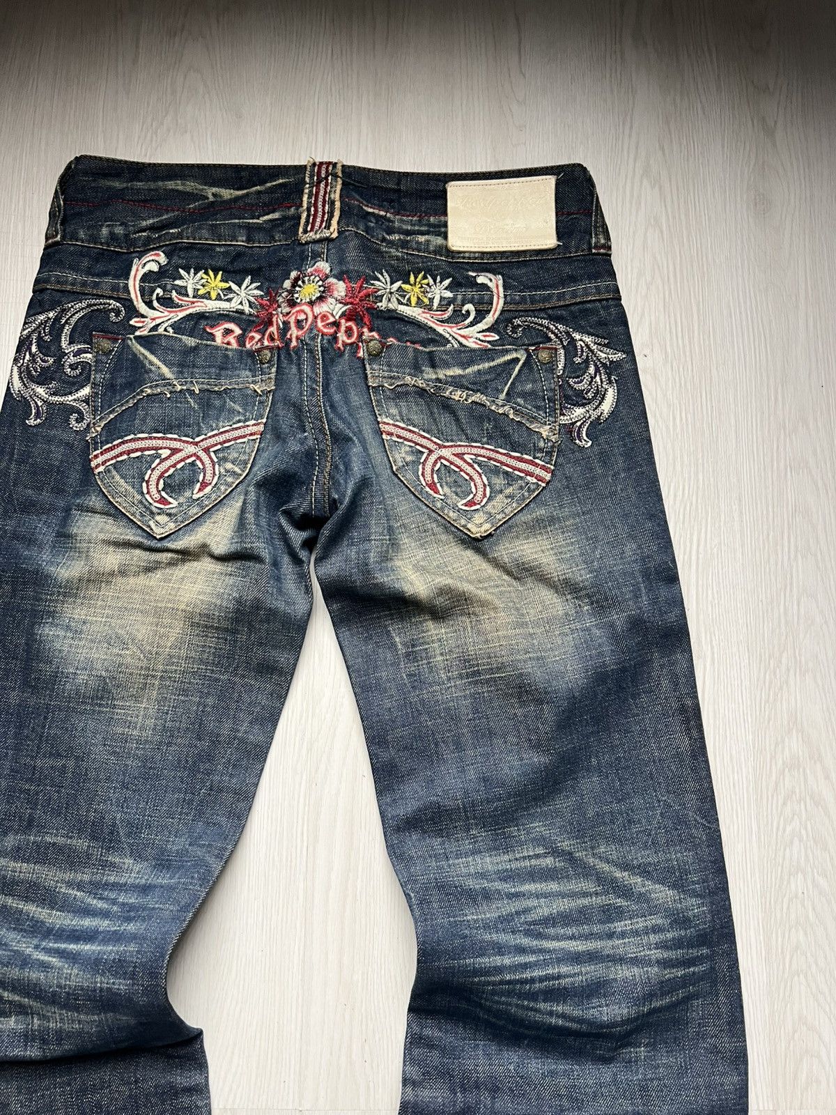 Japanese Brand Red Pepper Mud Wash Embroidered Bootcut Flared Jeans Size US 30 / EU 46 - 3 Thumbnail
