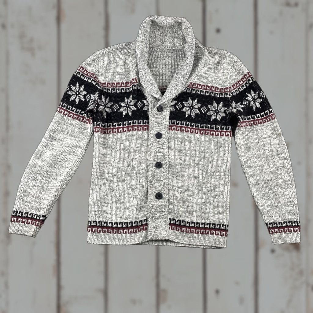 Vintage Vtg Unbranded Cardigan Sweater Geometric Stripe Design Long Sleeve Knit Collar Gray Large Men Notes: CozySoft Winter Snowflake Design Size US L / EU 52-54 / 3 - 1 Thumbnail