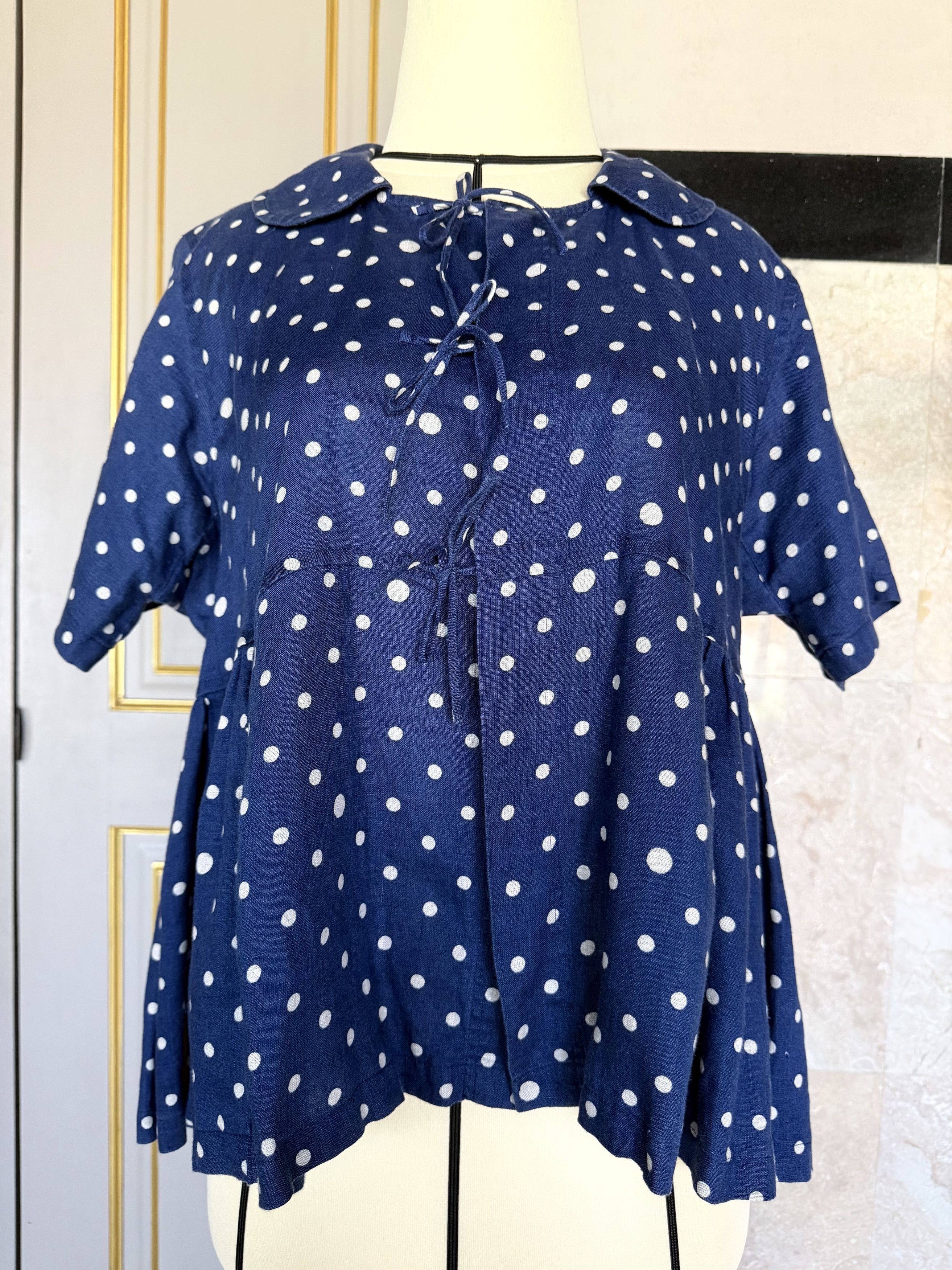 Comme des Garcons Comme des Garçons Linen Polka Dot Blouse Navy Tie Top S Size S / US 4 / IT 40 - 1 Thumbnail