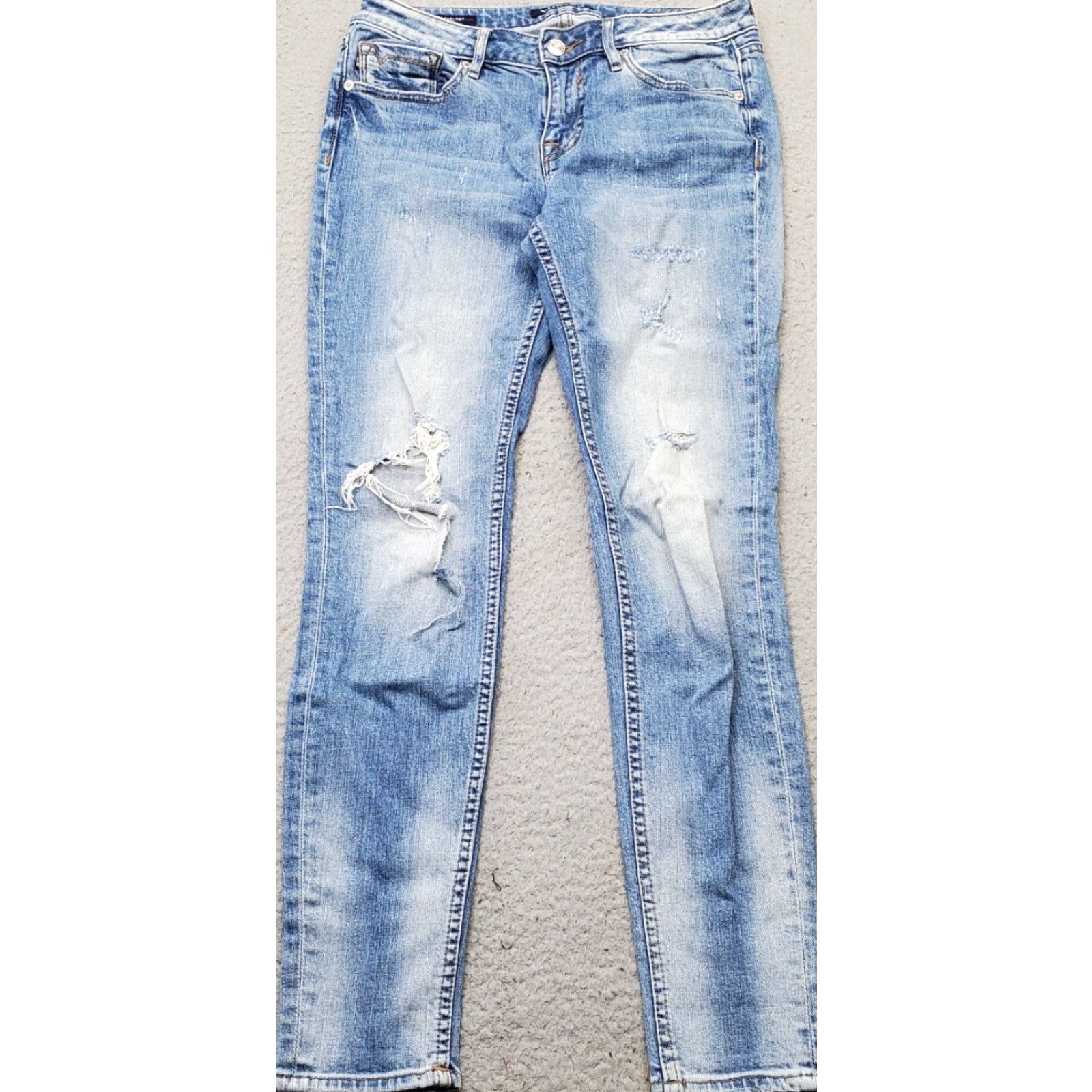 Vintage VIGOSS Jeans Women's 27x29 Blue Denim Stretch Distressed The Chelsea Skinny Leg Shirt Size 27" / US 4 / IT 40 - 2 Thumbnail