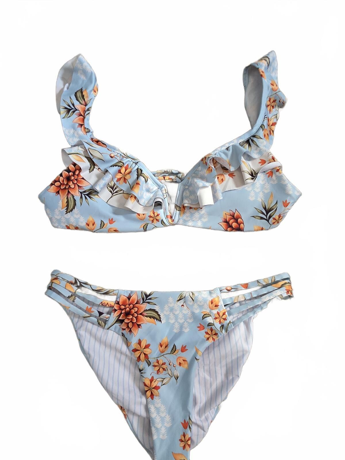 Other Agua Bendita Floral Ruffle Bikini Swimsuit Size S Blue NWOT Size ONE SIZE - 2 Thumbnail
