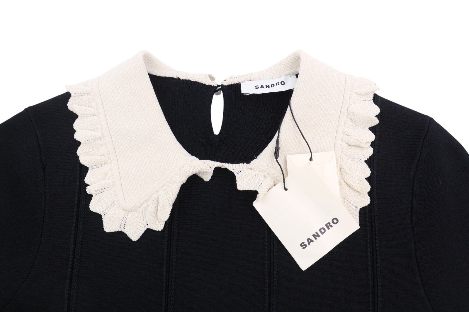 Sandro CALINE 40 L Black Contrast Trim Flare Short Sleeve 88494 Size L / US 10 / IT 46 - 6 Thumbnail