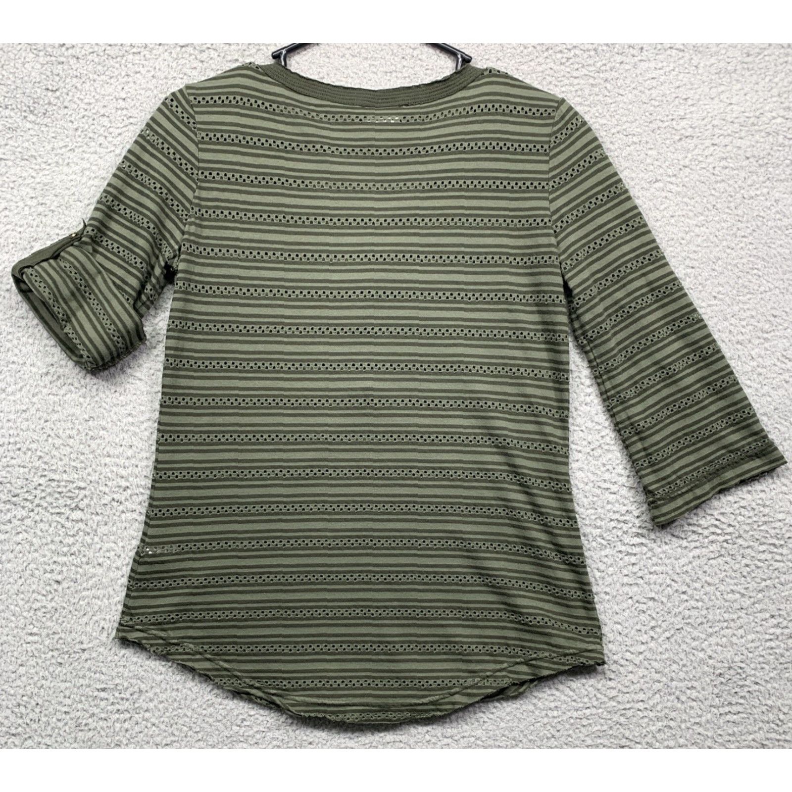 Vintage VINTAGE Union Bay Womens Top M Forest Green 3/4 Sleeve Breathable Rounded Hem Stripes & Lace Holes Cotton Polyester Pullover Button KnITS Womens Size M / US 6-8 / IT 42-44 - 6 Thumbnail