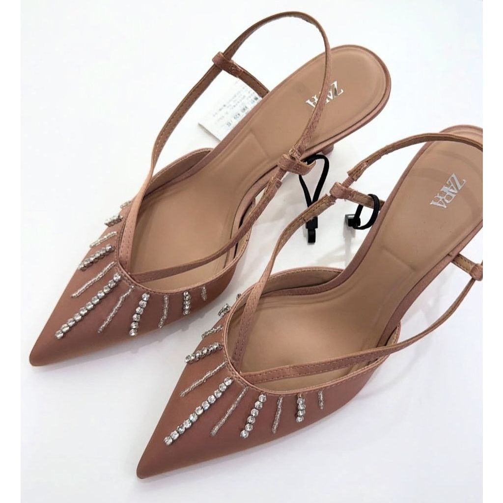 Zara ZARA Beige Rhinestone Slingback Heels NWT Size US 7.5 / IT 37.5 - 4 Thumbnail
