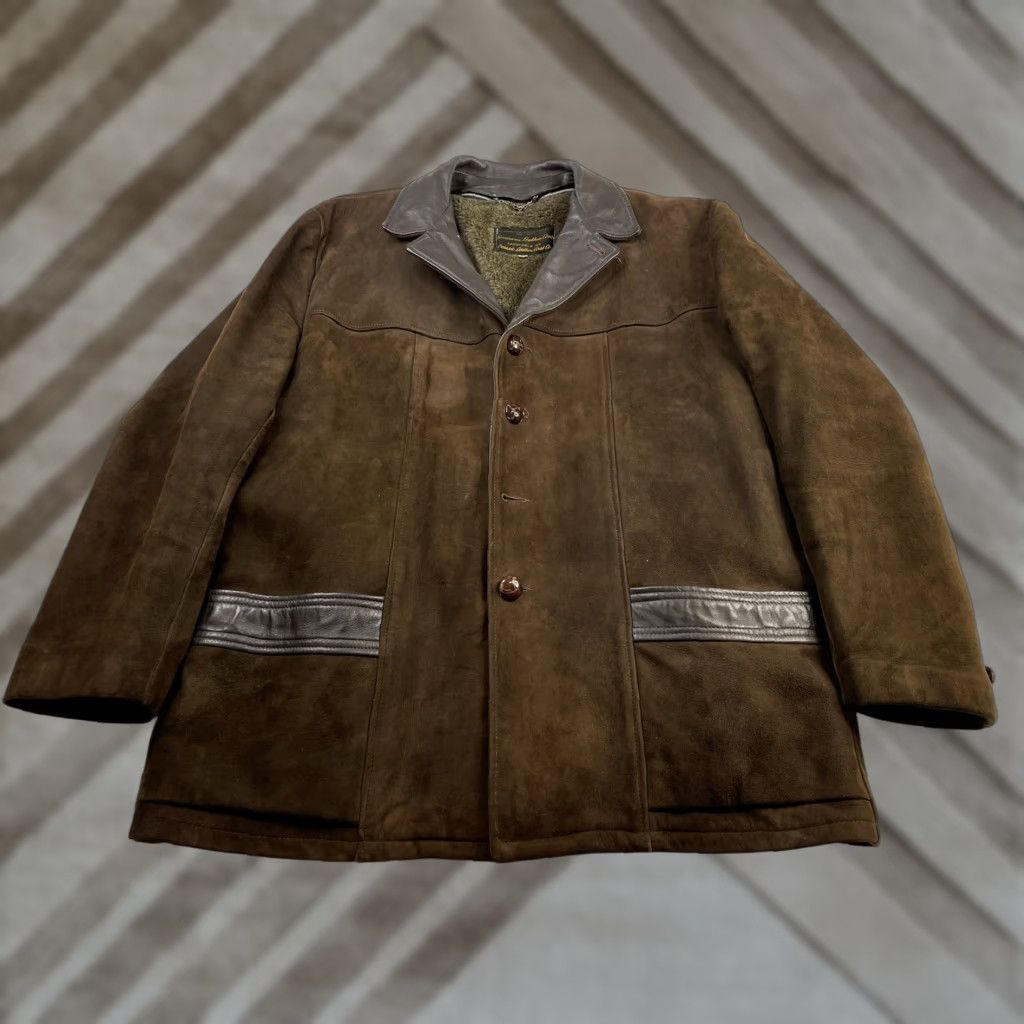 VINTAGE Passaic Leather Coat Co. Moss Green Suede Jacket with Alpaca Lining Sz 48 Brown 1970s Grunge Mens