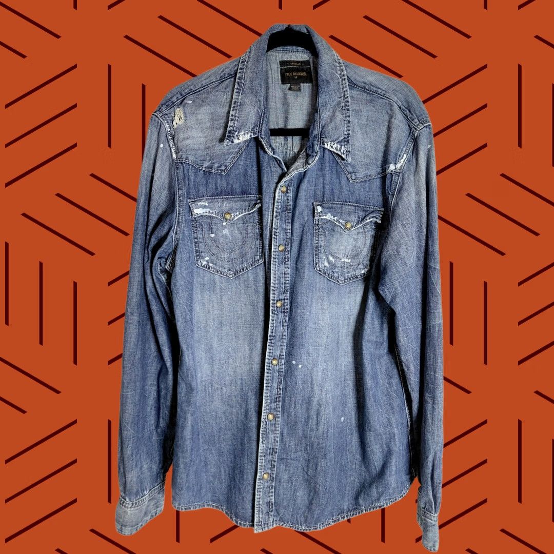 True Religion True Religion Denim Shirt Blue Solid Long Sleeve Men 3XL Size US XXL / EU 58 / 5 - 1 Thumbnail
