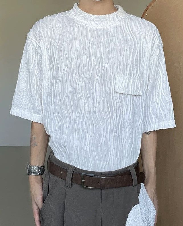 image of Vintage Retro Fashion Wave Pleated Short Sleeve Shirt in White, Men's (Size XL)