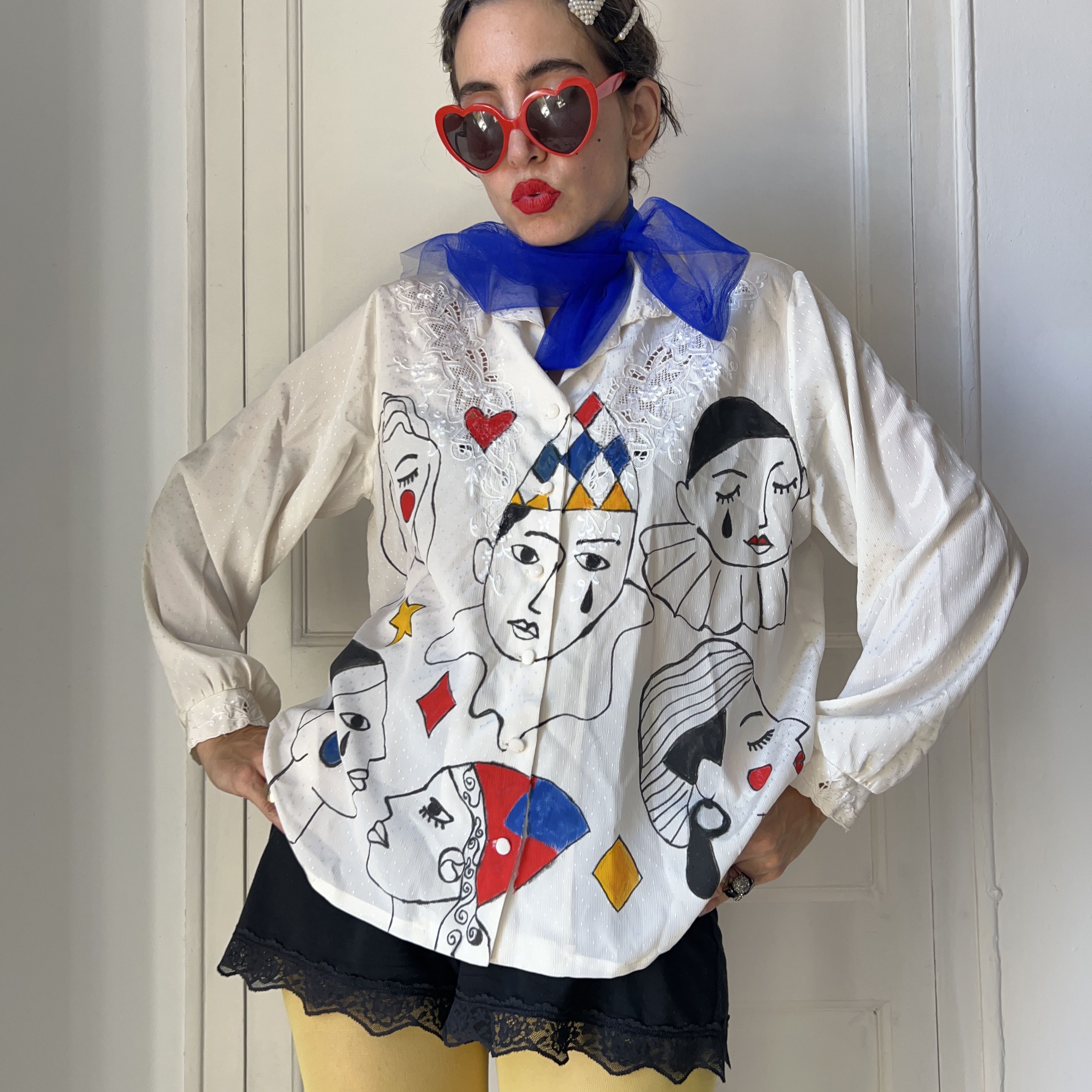 Custommade Hand Painted Vintage Harlequin Circus Blouse Size L / US 10 / IT 46 - 6 Thumbnail