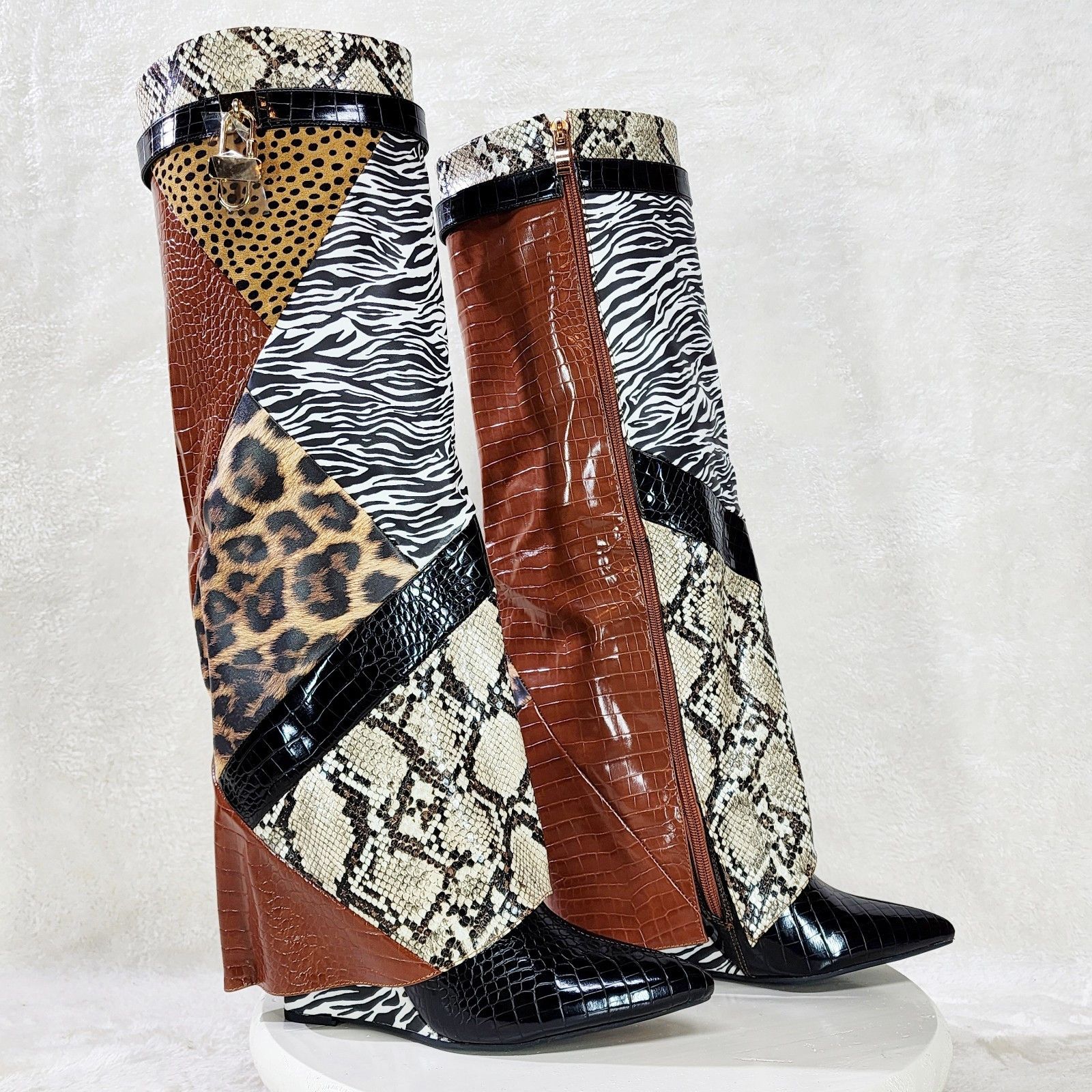 Other Forbidden Multi Animal Print Skirted Fold Over Wedge Heel Kn Size US 10 / IT 40 - 5 Thumbnail