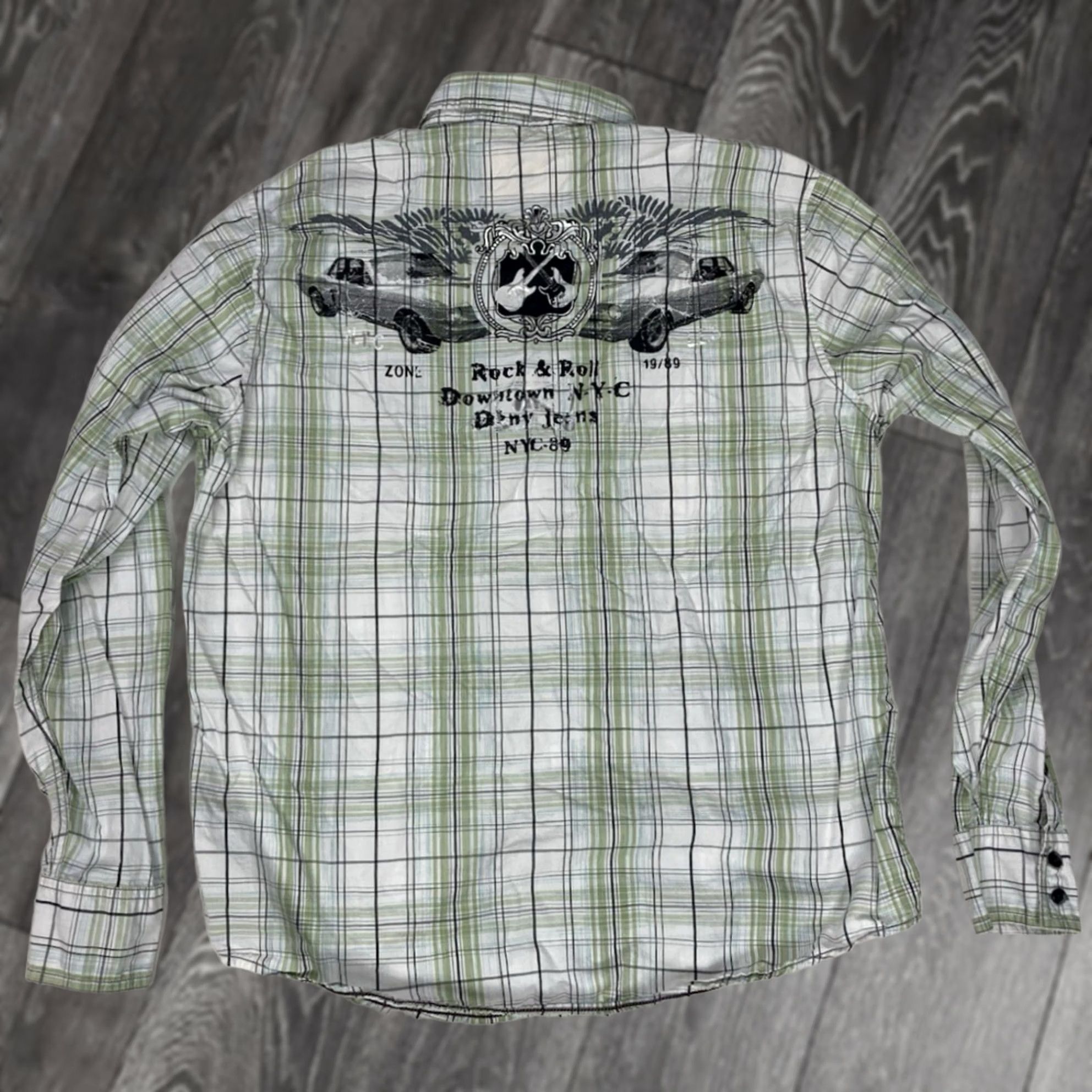 DKNY VINTAGE DKNY Rock & Roll NYC Car Guitar Print Plaid Shirt Men Large Green Long Sleeve Size US L / EU 52-54 / 3 - 1 Thumbnail