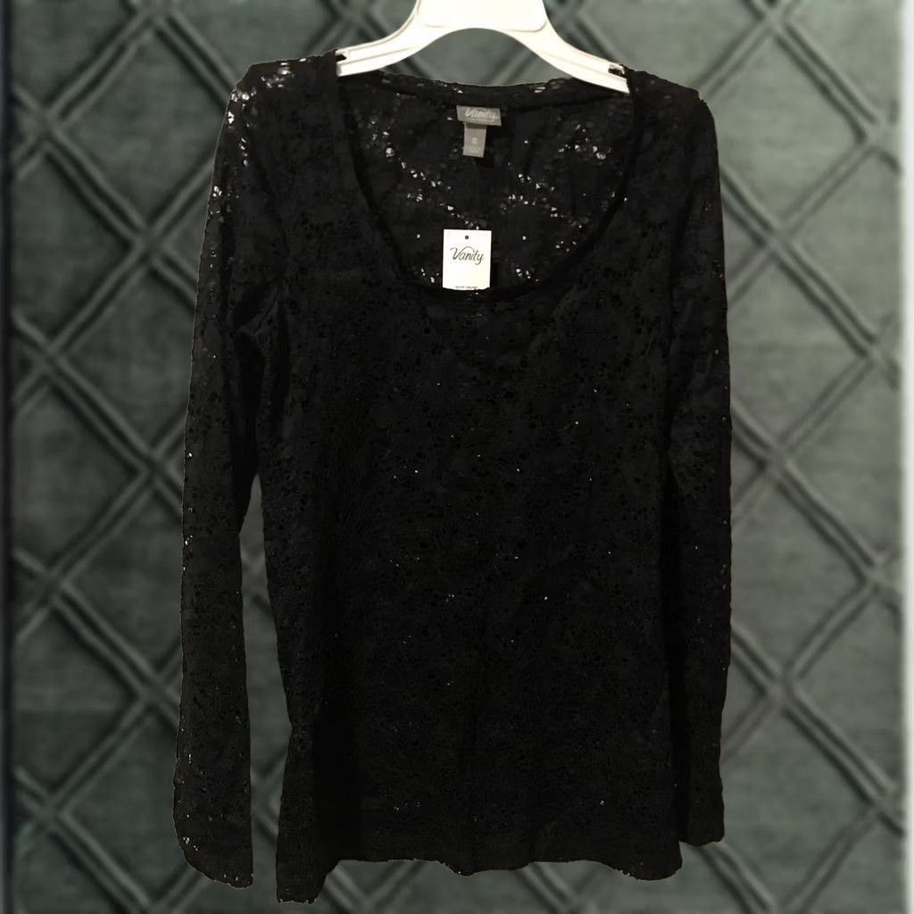 Vintage Vanity Shirt Womens S Black Round Neck Long Sleeve Sheer Lace Top B1019 NWT Size S / US 4 / IT 40 - 1 Thumbnail