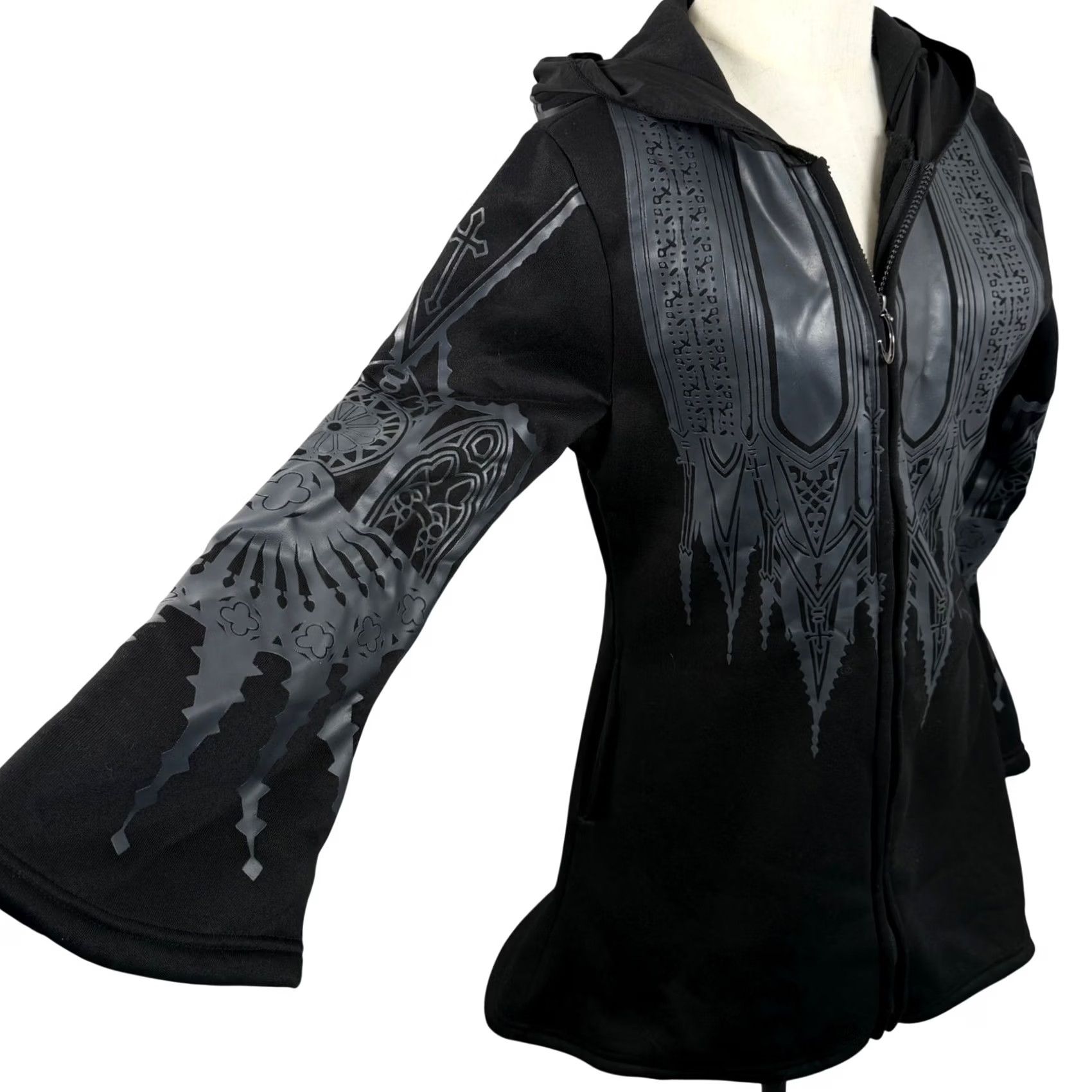 Bell Gothic Black M Zip Witchy Fleece Cloak Hoodie Cathedral Bell Sleeve Moon Occult Hoodie, Black, M, Women Size M / US 6-8 / IT 42-44 - 2 Thumbnail