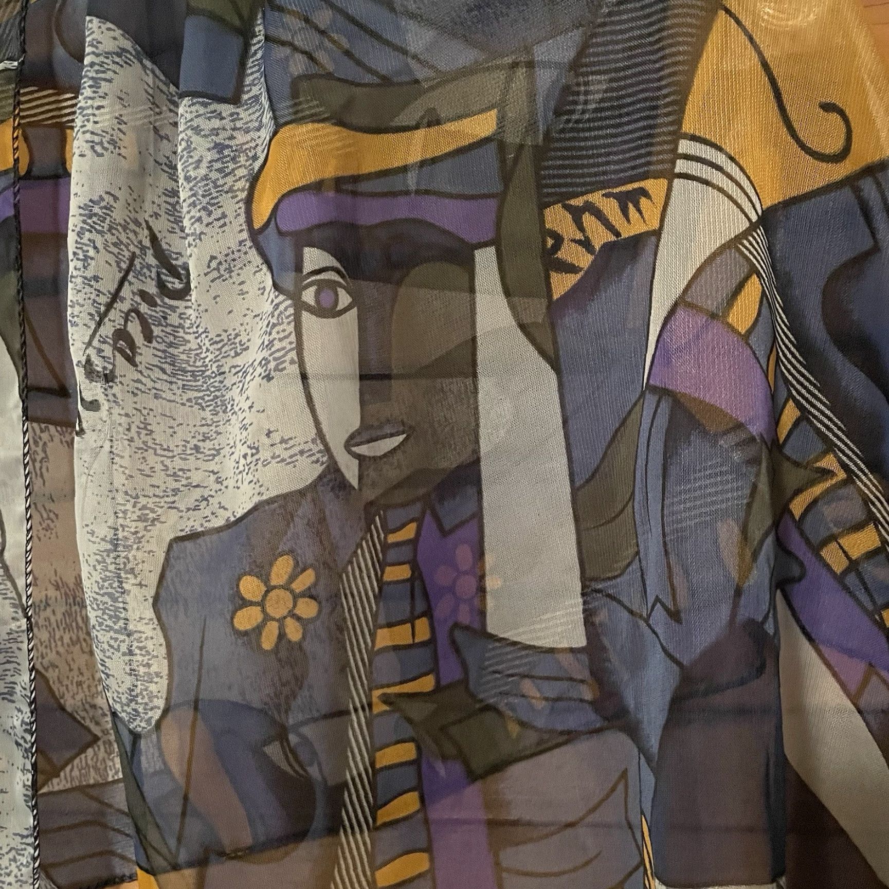 Vintage Picasso Print Scarf Geometric Faces 62in Blue Gold Purple Women Vintage Semi-Sheer Polyester Scarf Size ONE SIZE - 3 Thumbnail