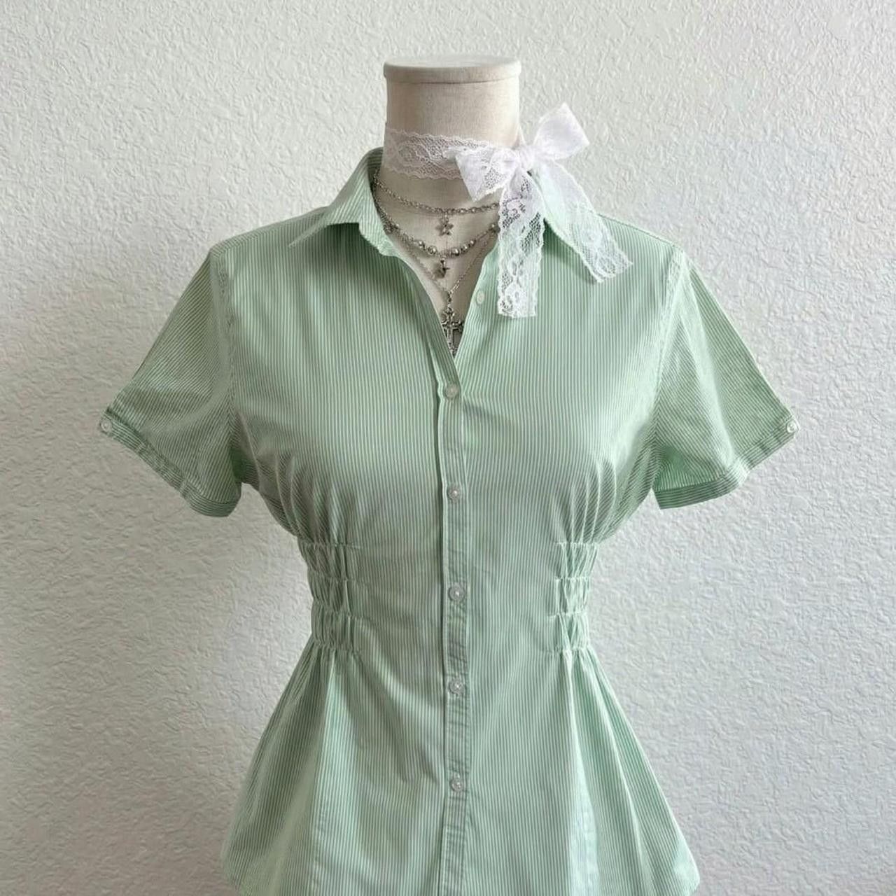Vintage Montego green pinstripe button-up blouse, slim, fitted, y2k Size L / US 10 / IT 46 - 4 Thumbnail