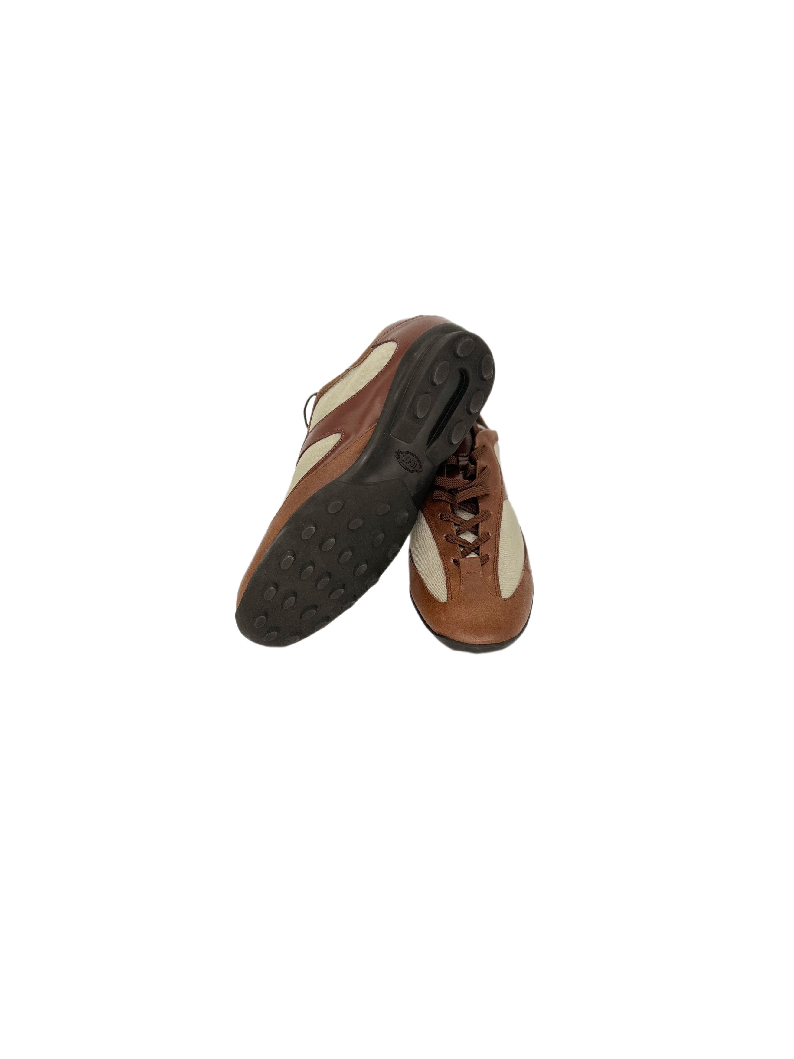 Tod's TODS Brown Leather With Canvas Detail Runner Trainers Size US 6.5 / EU 39-40 - 4 Thumbnail