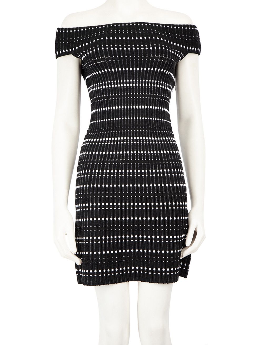 image of Alexander Mcqueen Fw23 Black Striped Off Shoulder Bodycon Mini Dress, Women's (Size Small)