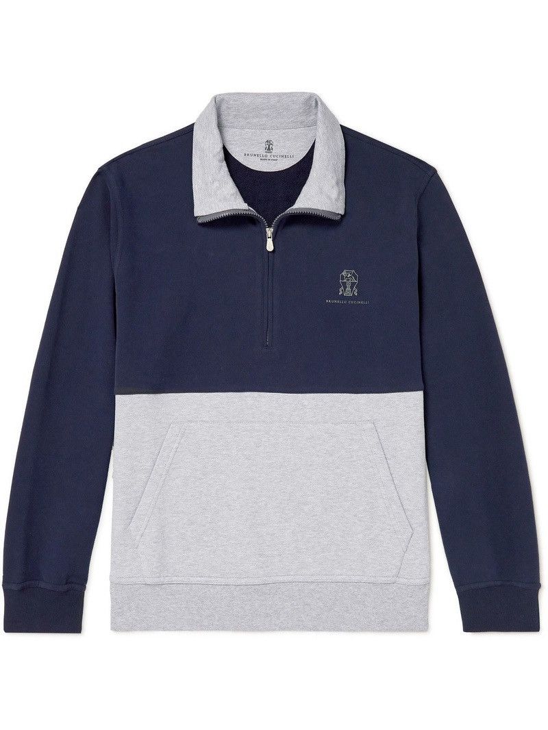 Brunello Cucinelli Logo-Print Two-Tone Cotton-Jersey Half-Zip Sweatshirt - Blue Size US XS / EU 42 / 0 - 2 Thumbnail