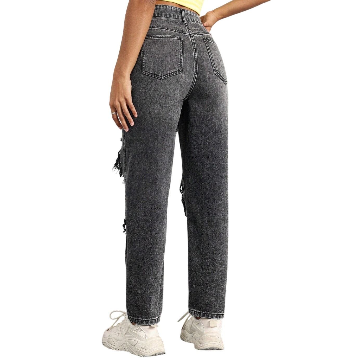 Shein Women's Loose Fit Casual Ripped Straight-Leg Jeans in Black Size 34" / US 12 / IT 48 - 2 Thumbnail